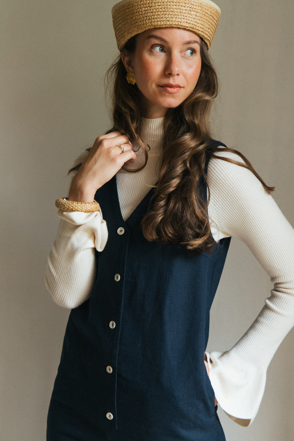 Linen Blend Jumpsuit - Navy