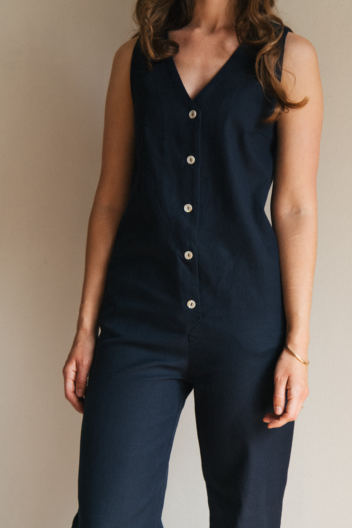 Linen Blend Jumpsuit - Navy
