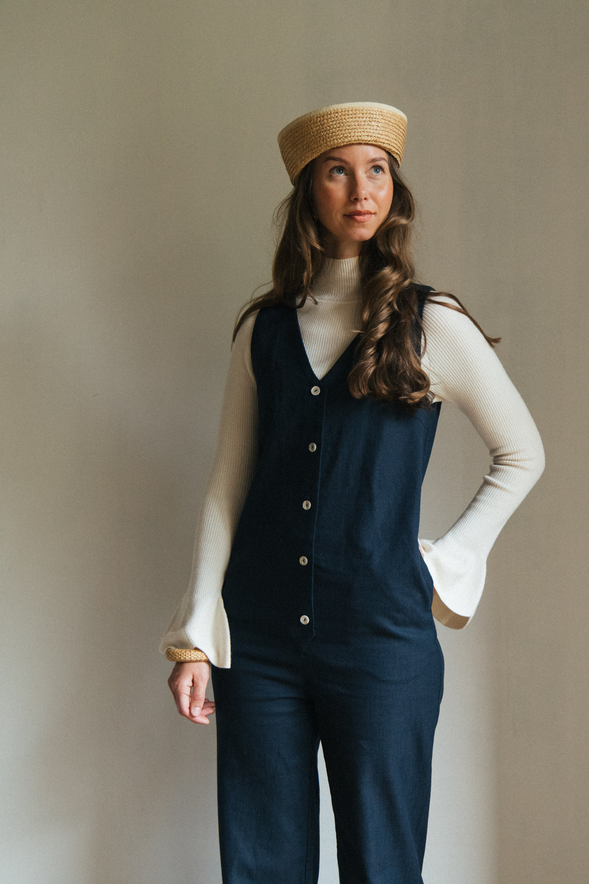 Linen Blend Jumpsuit - Navy