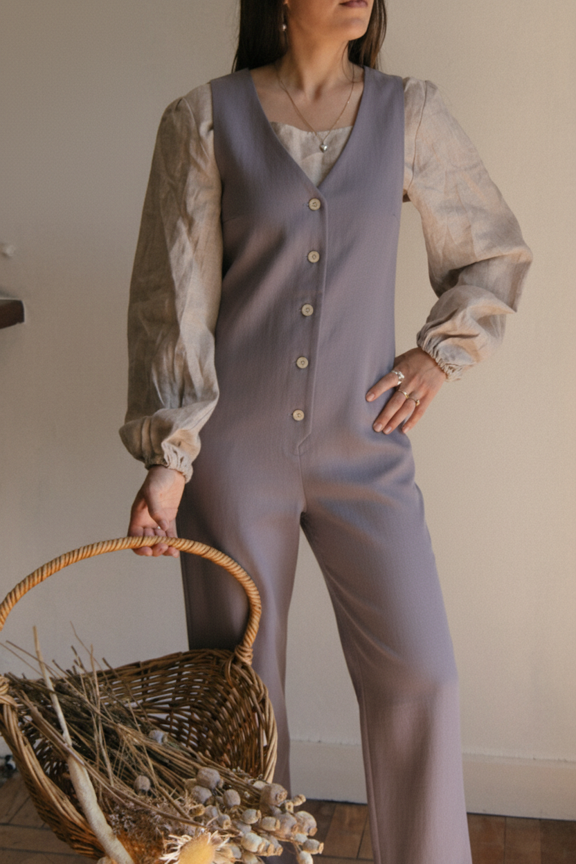 Linen Blend Jumpsuit - Lilac
