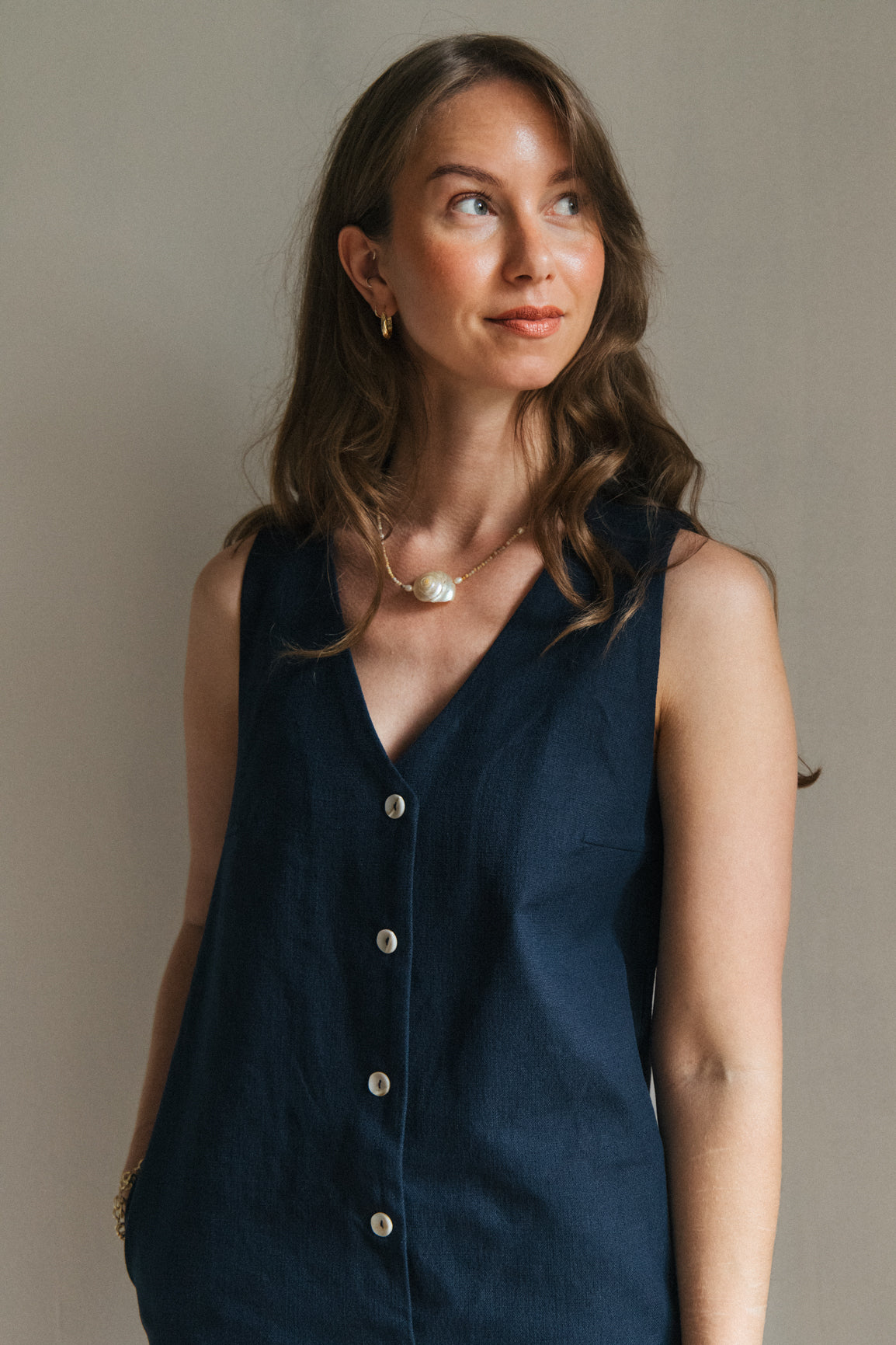 Linen Blend Jumpsuit - Navy