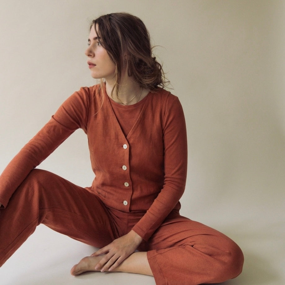 Linen Blend Jumpsuit - Burnt Orange