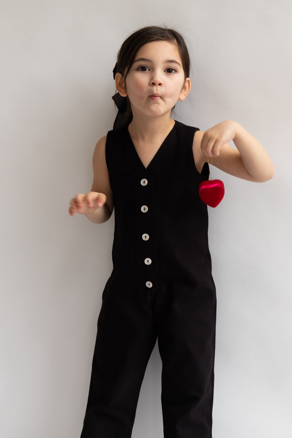 Black color Kids Mini Jumpsuit overall workwear cotton canvas with pockets 5 buttons v-neck OEKO-TEX sustainable clothes handmade