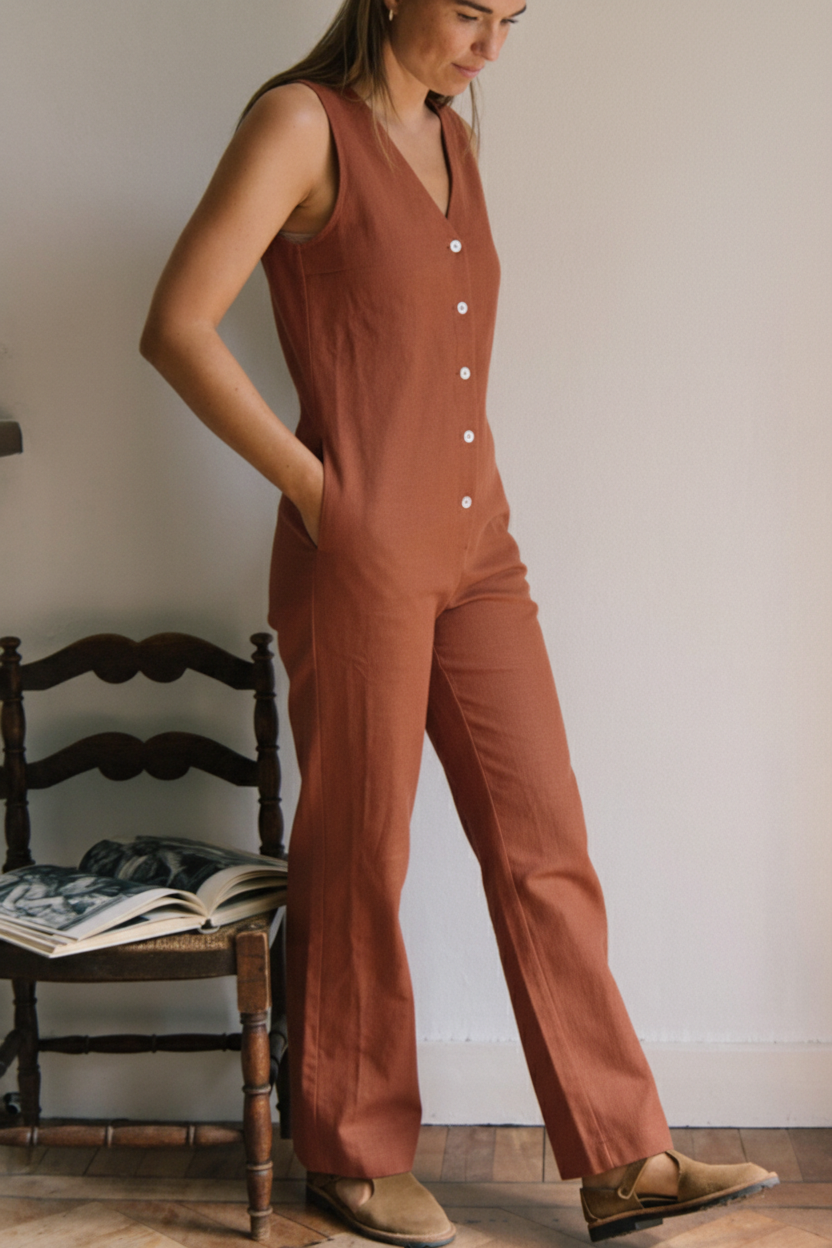 Linen Blend Jumpsuit - Burnt Orange