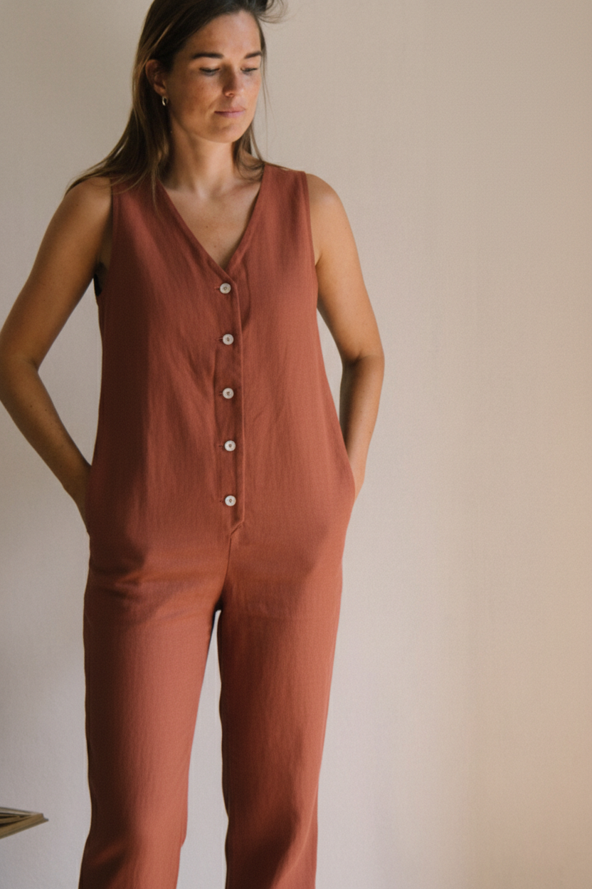 Linen Blend Jumpsuit - Burnt Orange