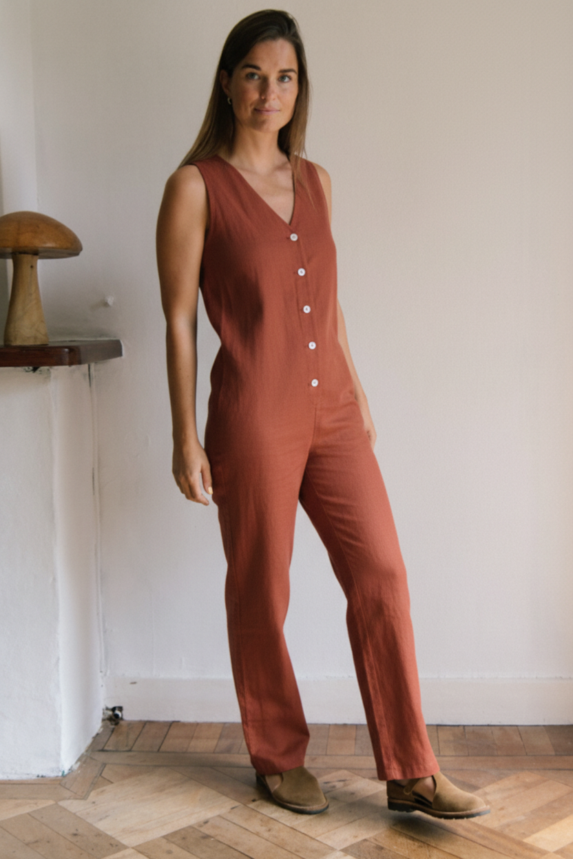 Linen Blend Jumpsuit - Burnt Orange