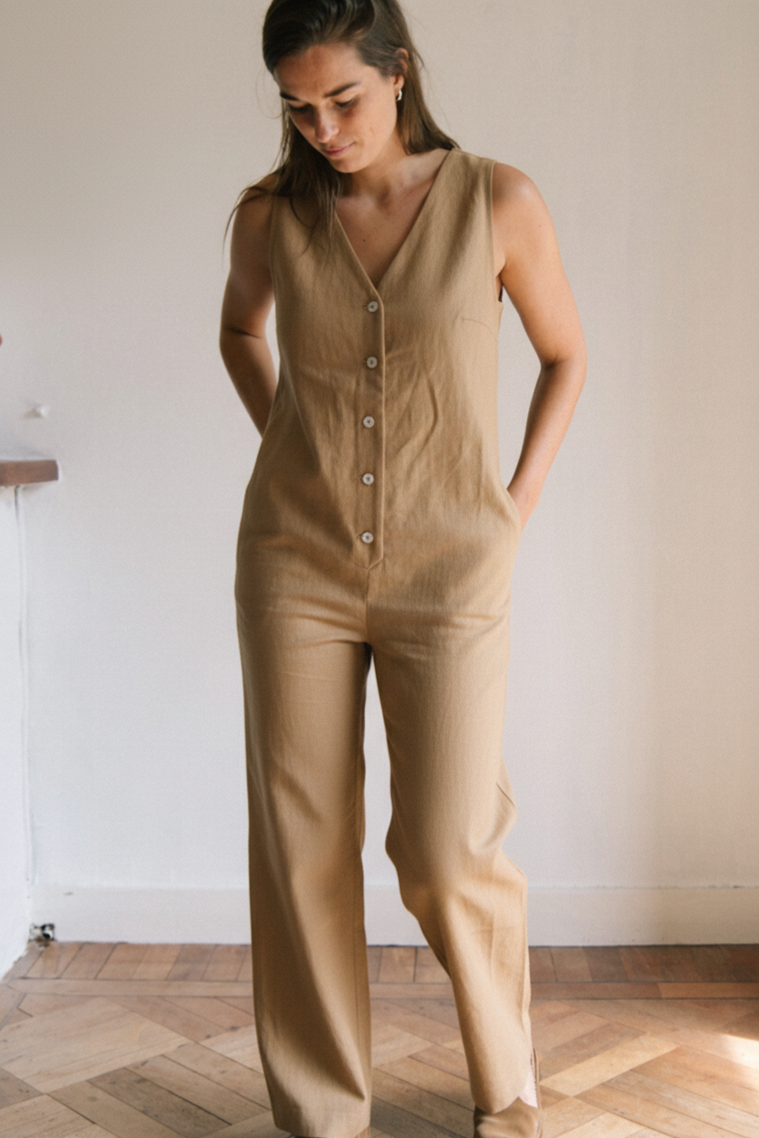 Linen Blend Jumpsuit - Mustard