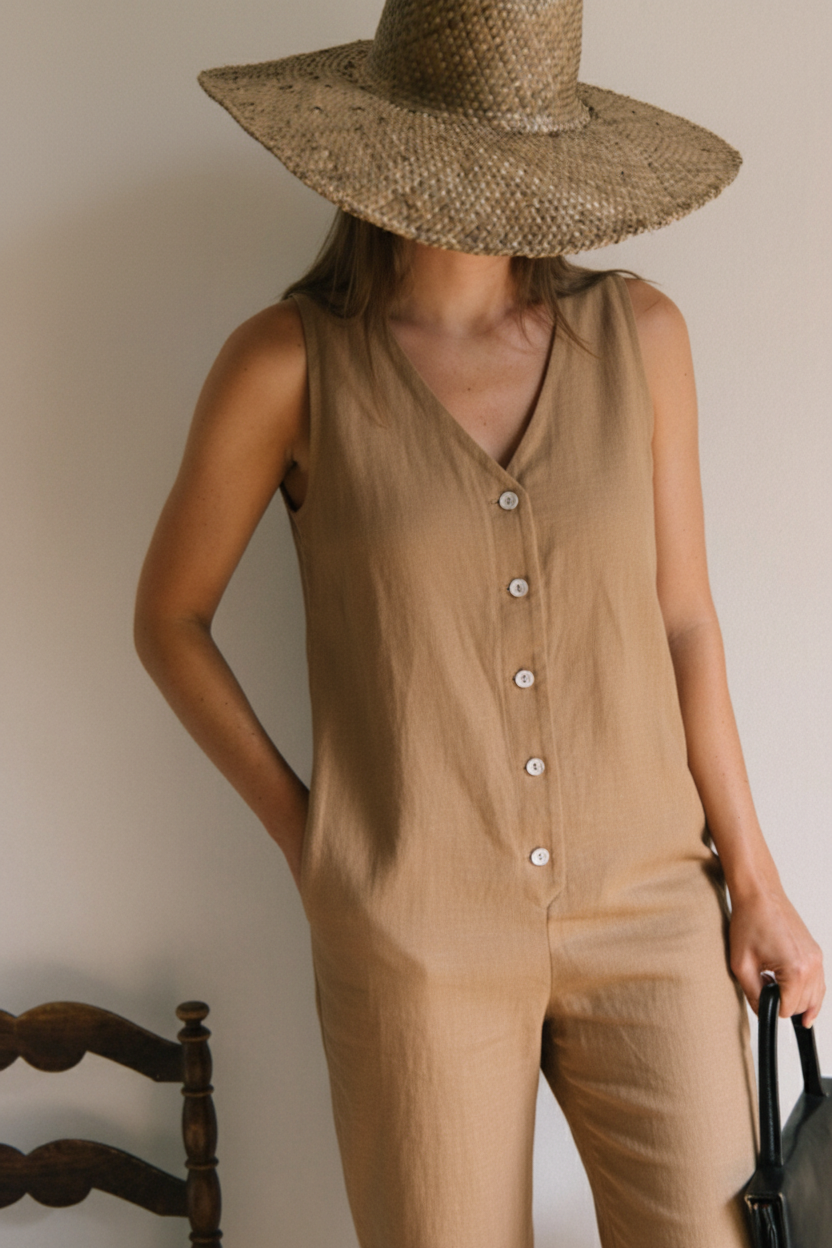 Linen Blend Jumpsuit - Mustard