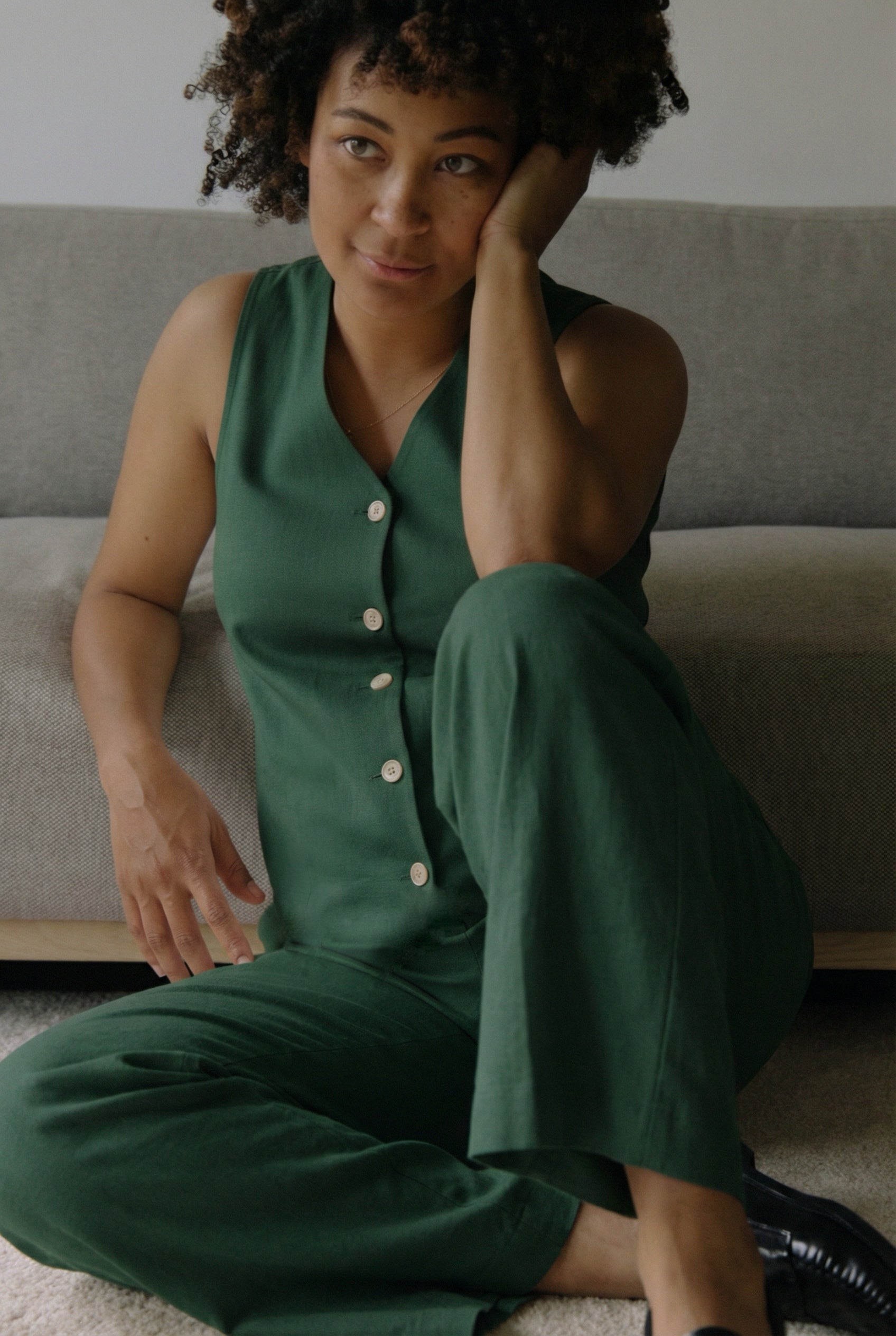 Linen Blend Jumpsuit - Emerald Green