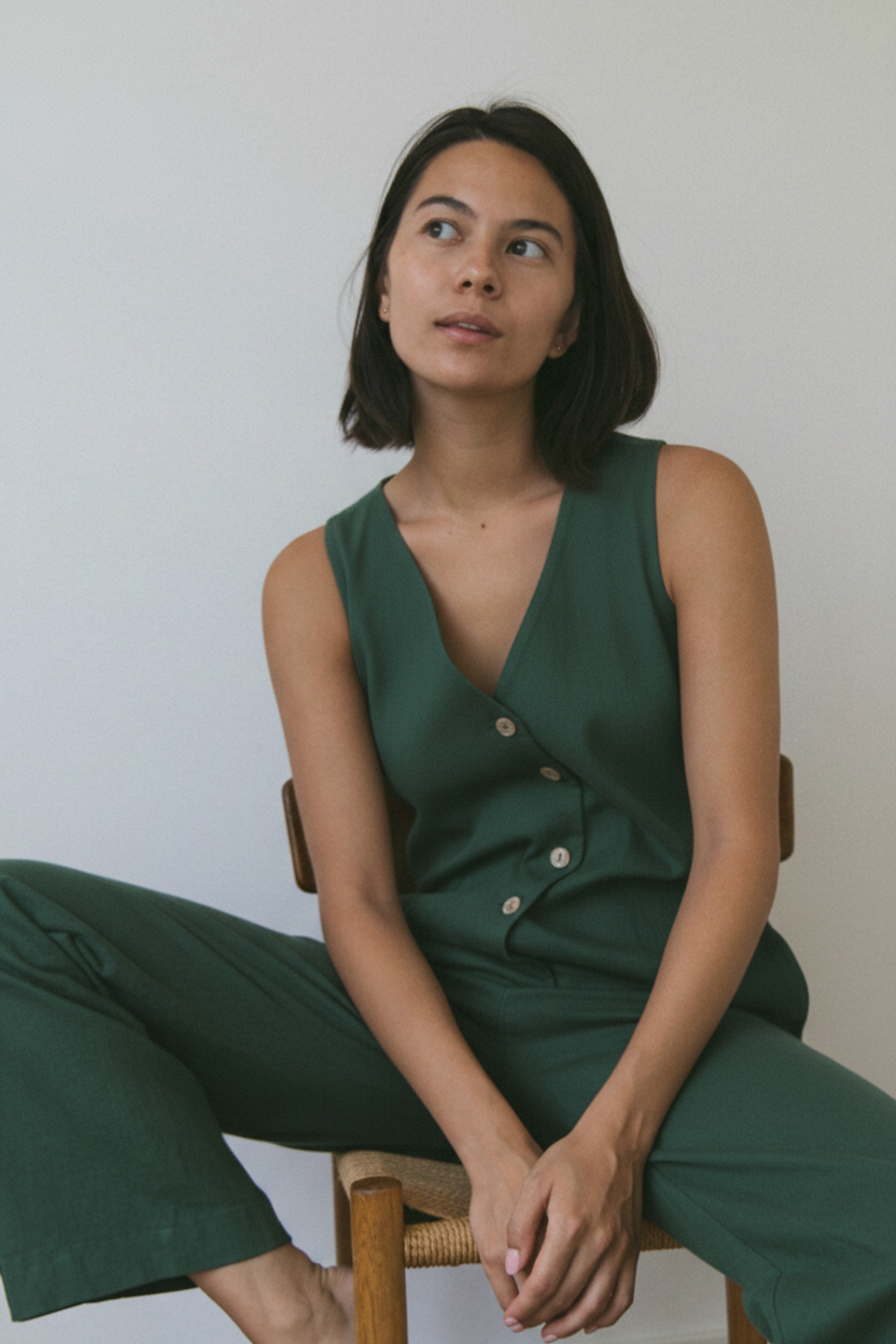 Linen Blend Jumpsuit - Emerald Green