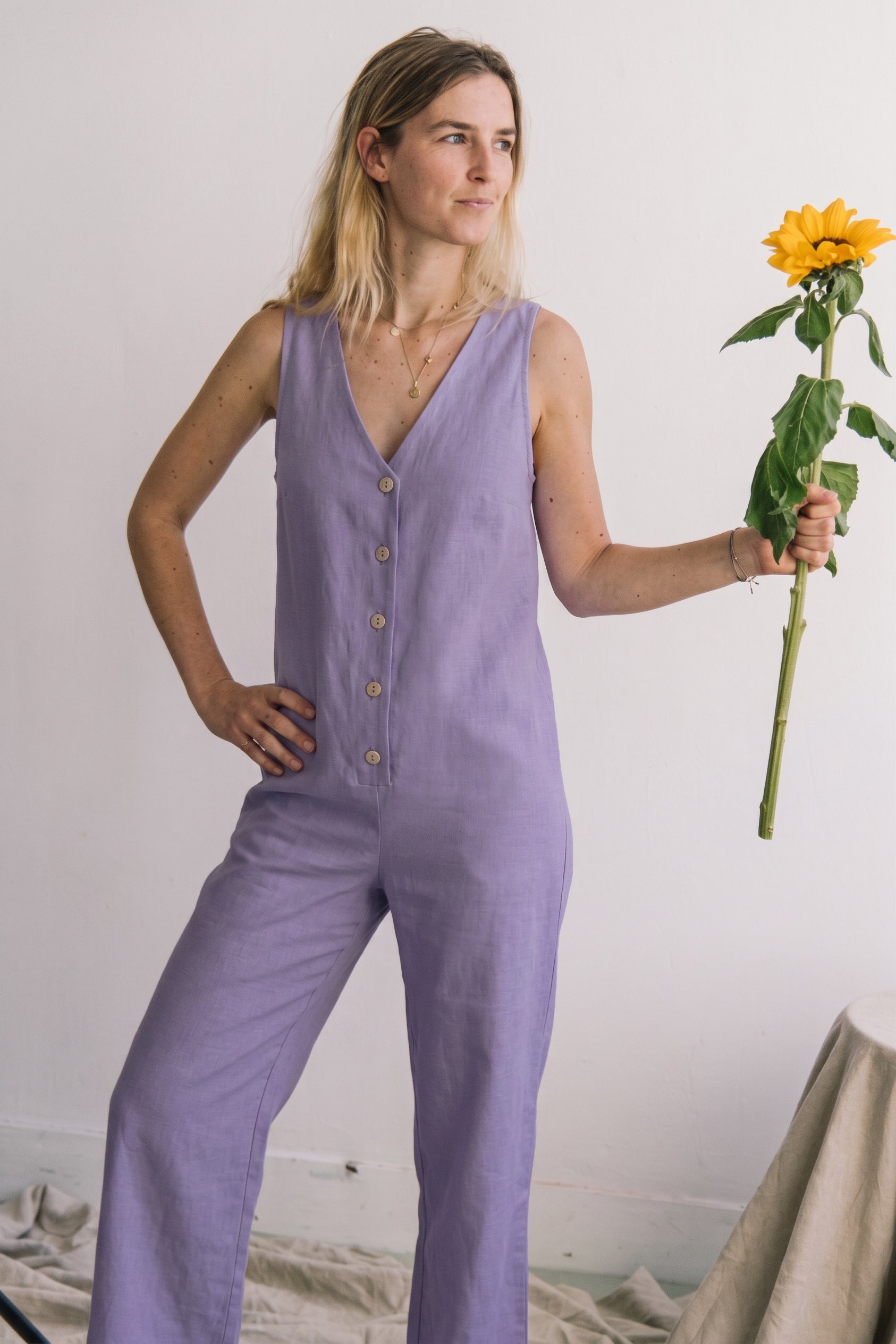 Linen Blend Jumpsuit - Lilac