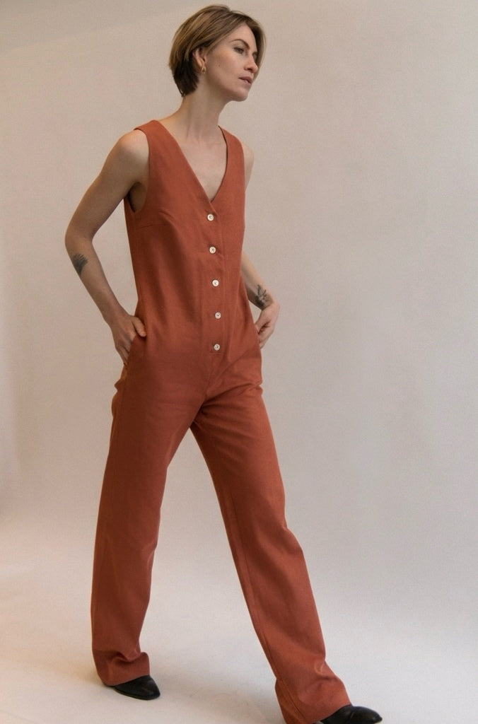 Linen Blend Jumpsuit - Burnt Orange