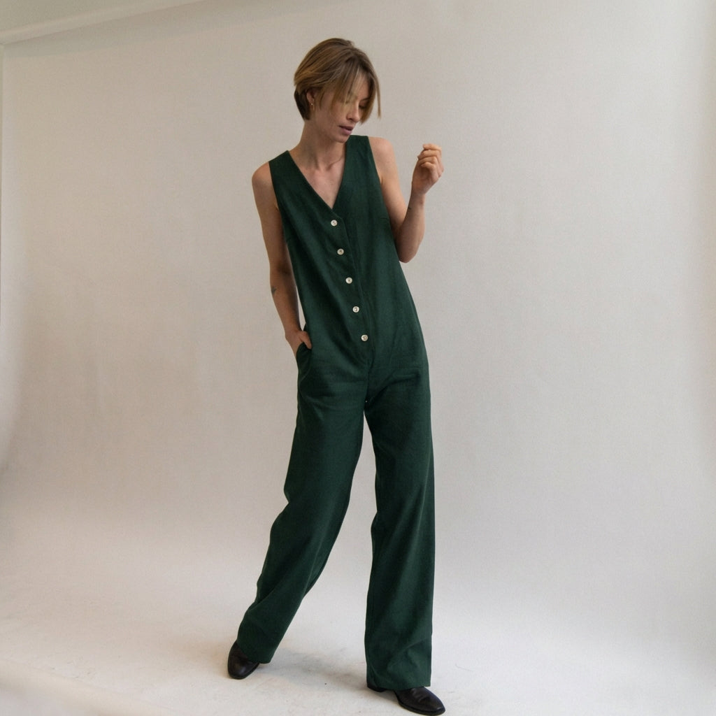 Linen Blend Jumpsuit - Emerald Green