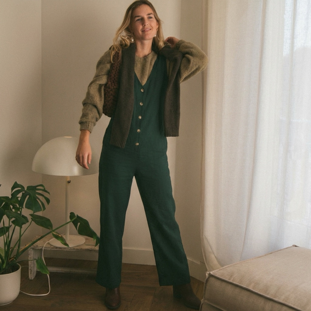 Linen Blend Jumpsuit - Emerald Green