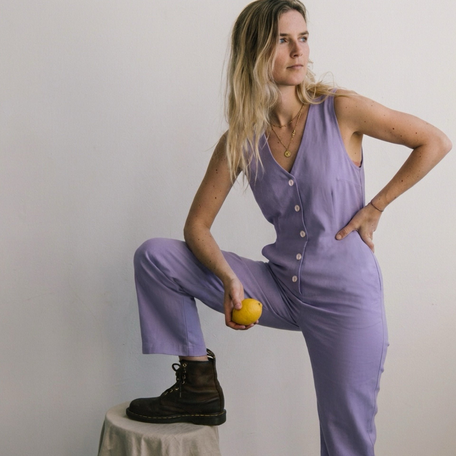 Linen Blend Jumpsuit - Lilac
