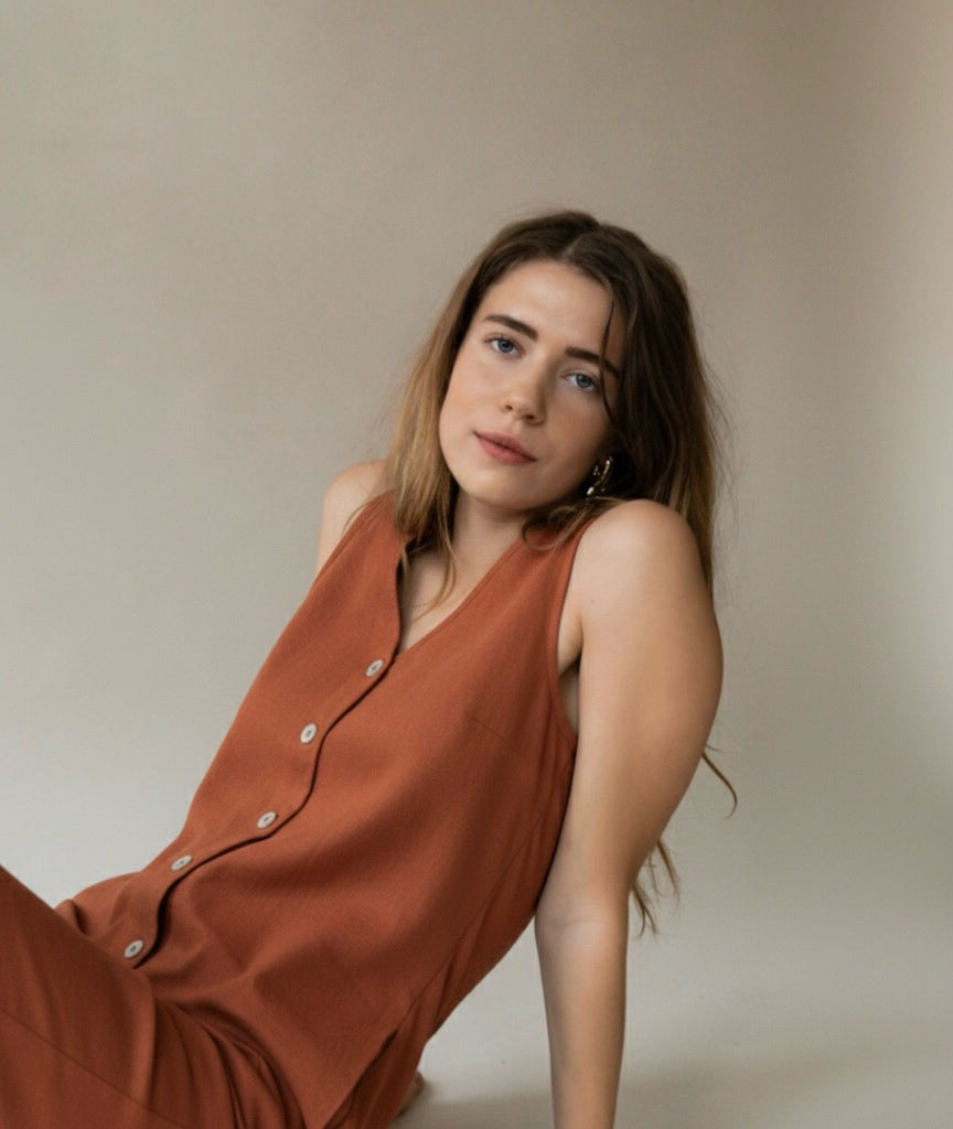 Linen Blend Jumpsuit - Burnt Orange