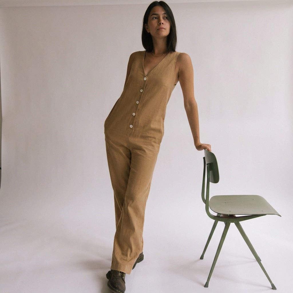 Linen Blend Jumpsuit - Mustard