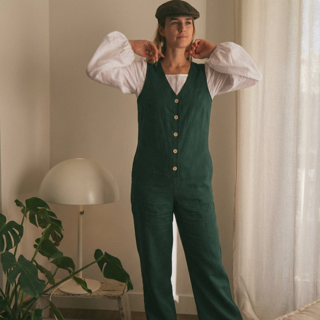 Linen Blend Jumpsuit - Emerald Green