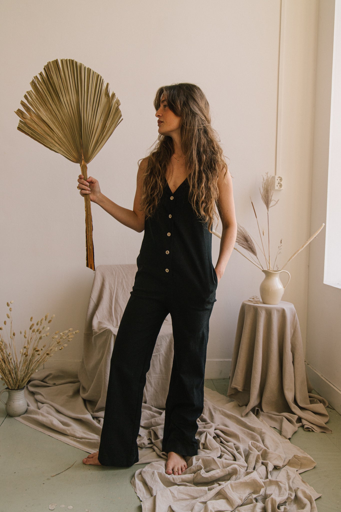 Linen Blend Jumpsuit - Black