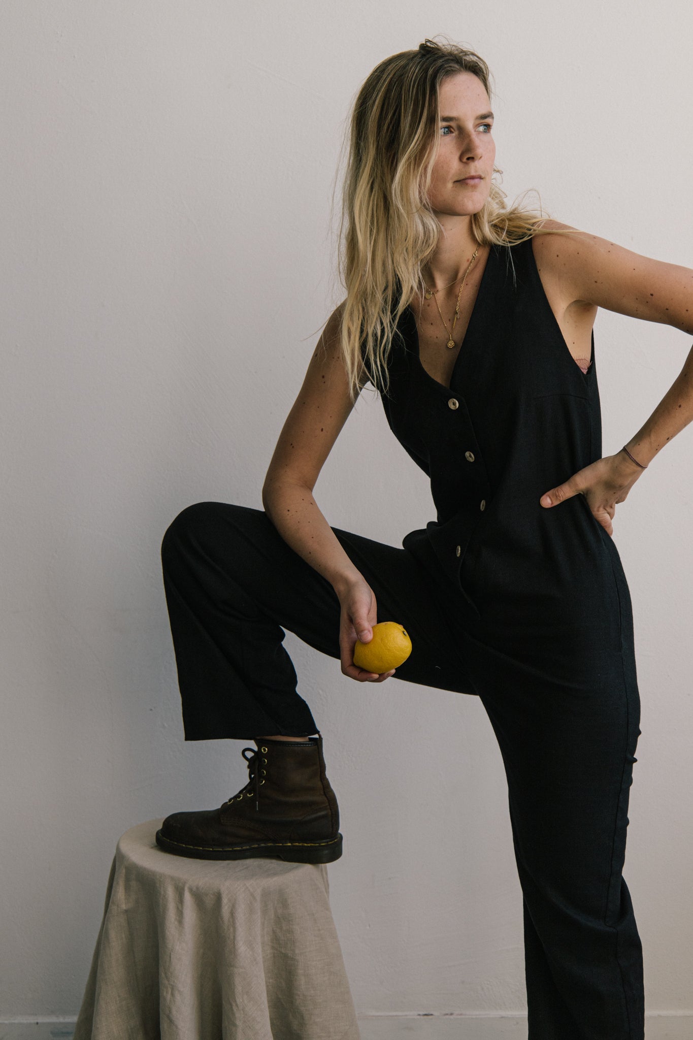 Linen Blend Jumpsuit - Black
