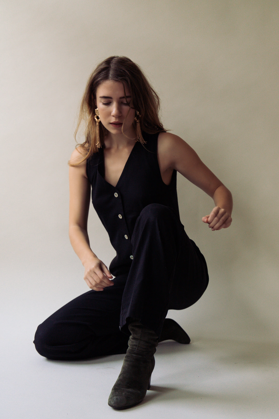 Linen Blend Jumpsuit - Black