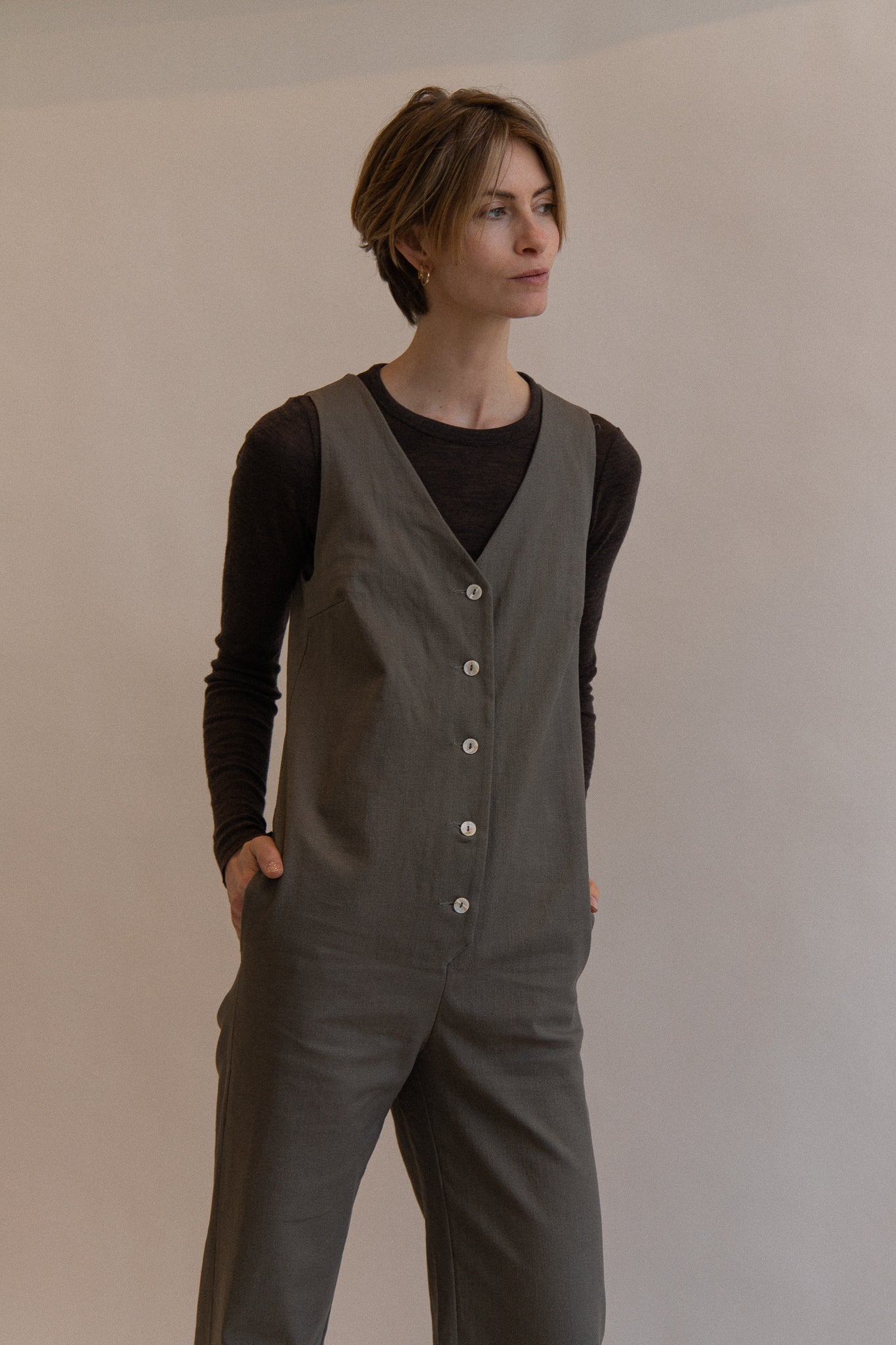 Linen Blend Jumpsuit - Olive