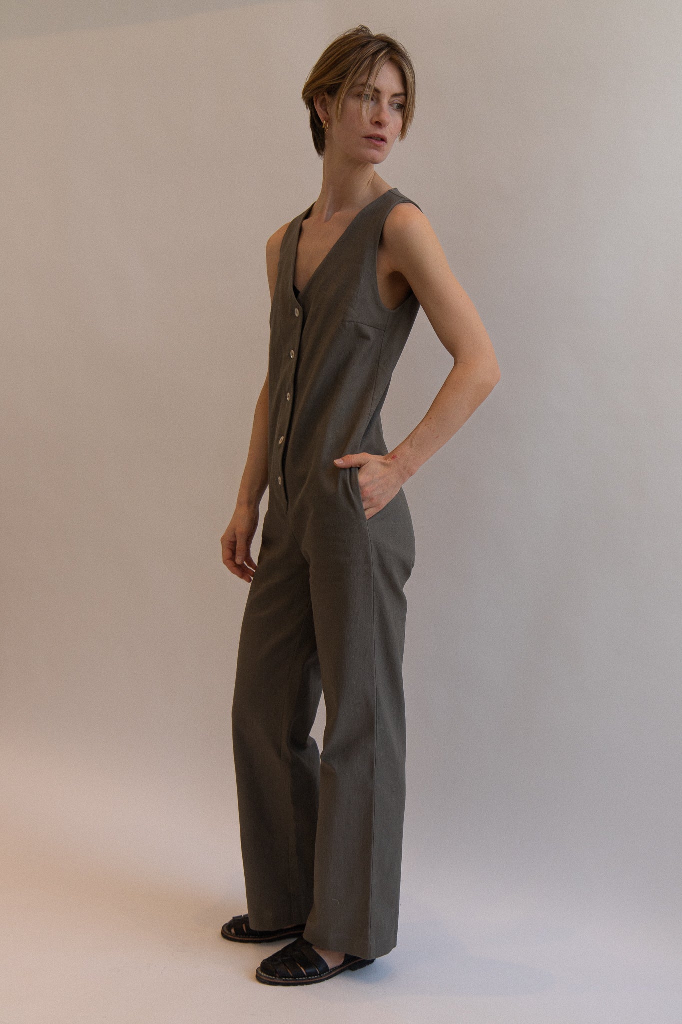 Linen Blend Jumpsuit - Olive