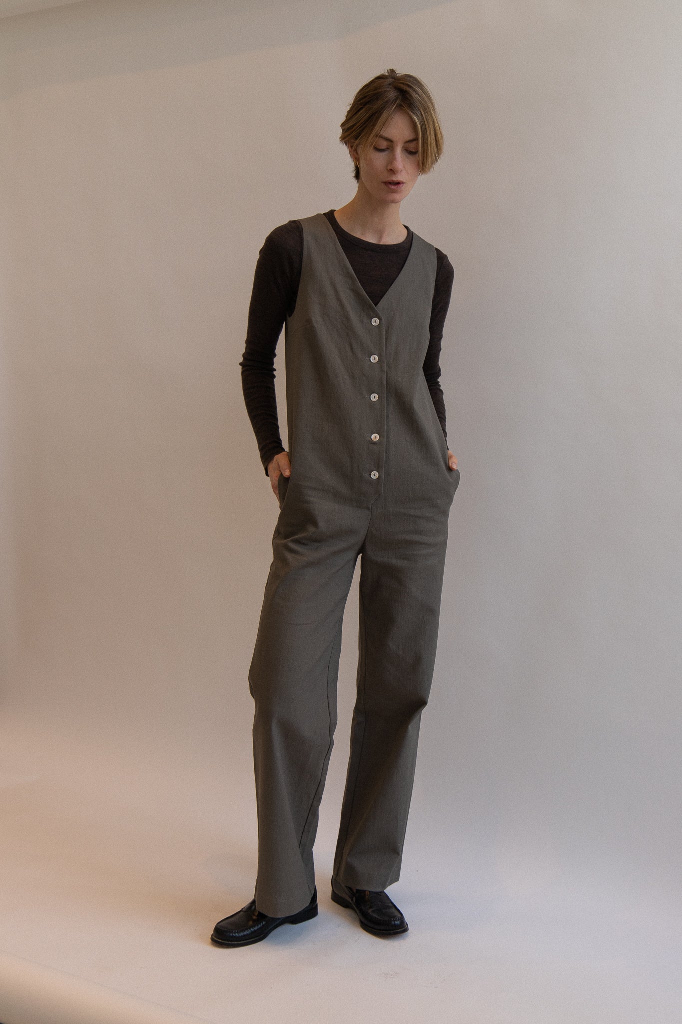 Linen Blend Jumpsuit - Olive