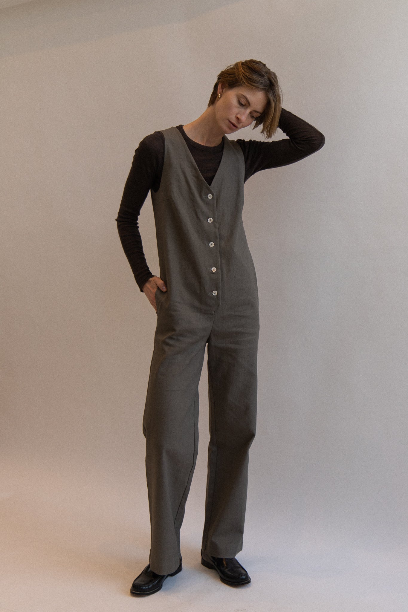 Linen Blend Jumpsuit - Olive