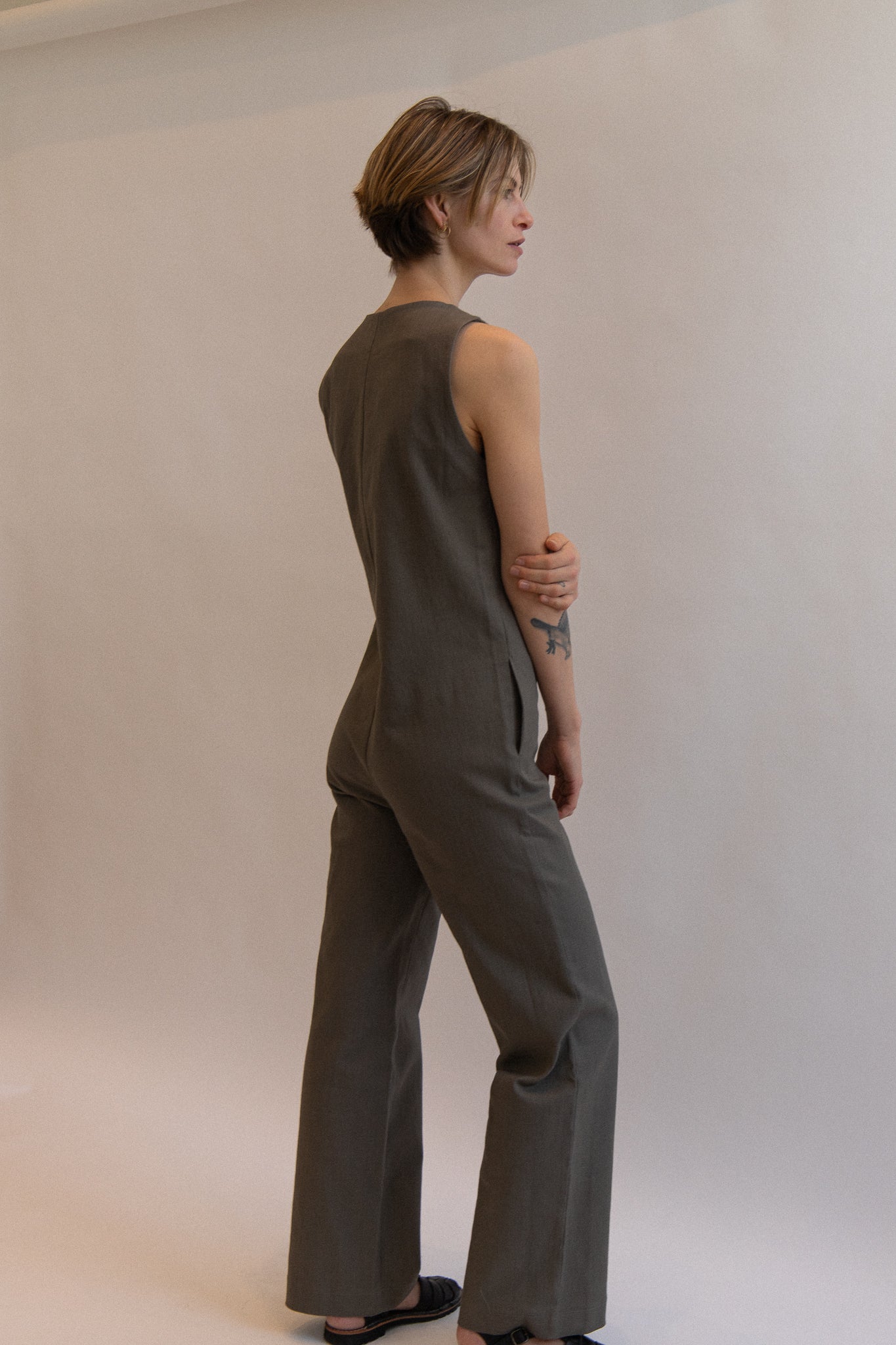 Linen Blend Jumpsuit - Olive