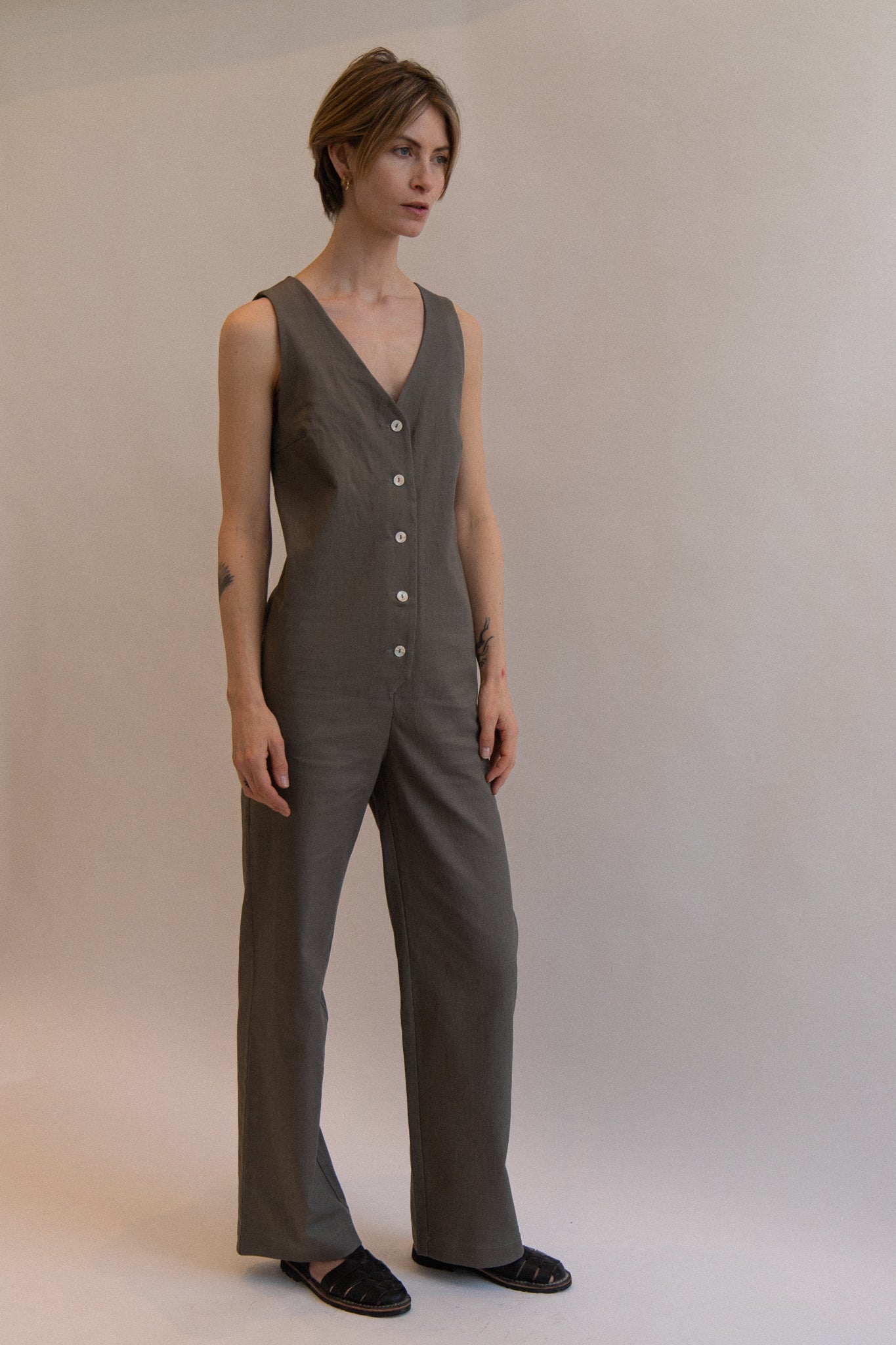 Linen Blend Jumpsuit - Olive