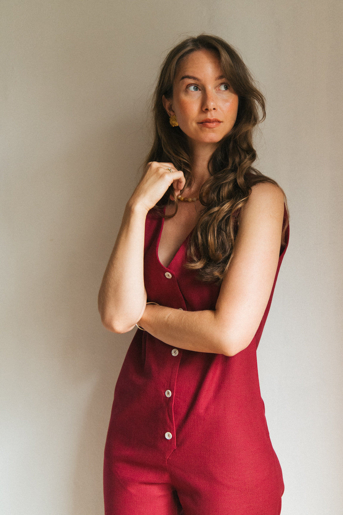Linen Blend Jumpsuit - Burgundy
