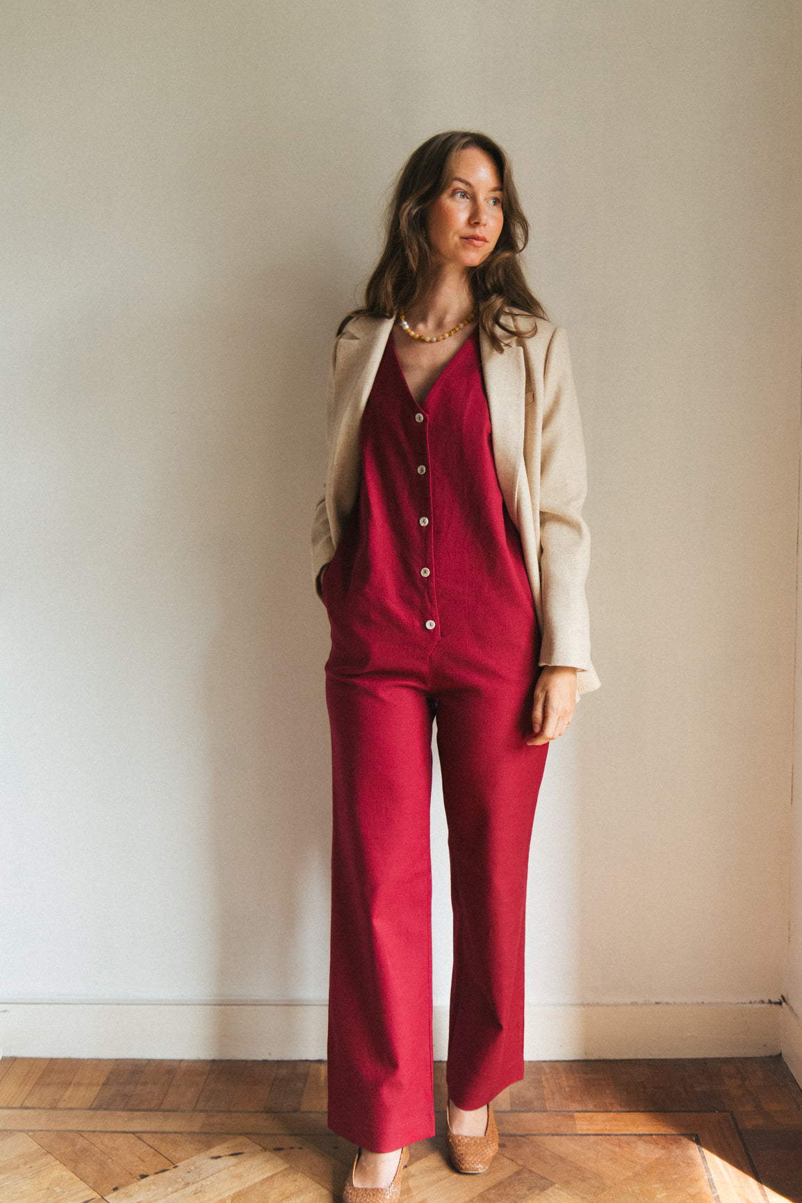 Linen Blend Jumpsuit - Burgundy