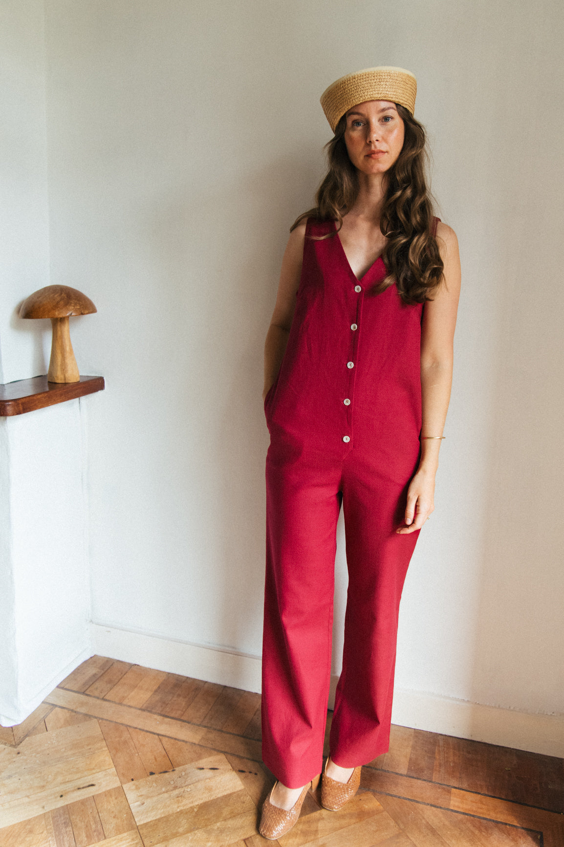 Linen Blend Jumpsuit - Burgundy