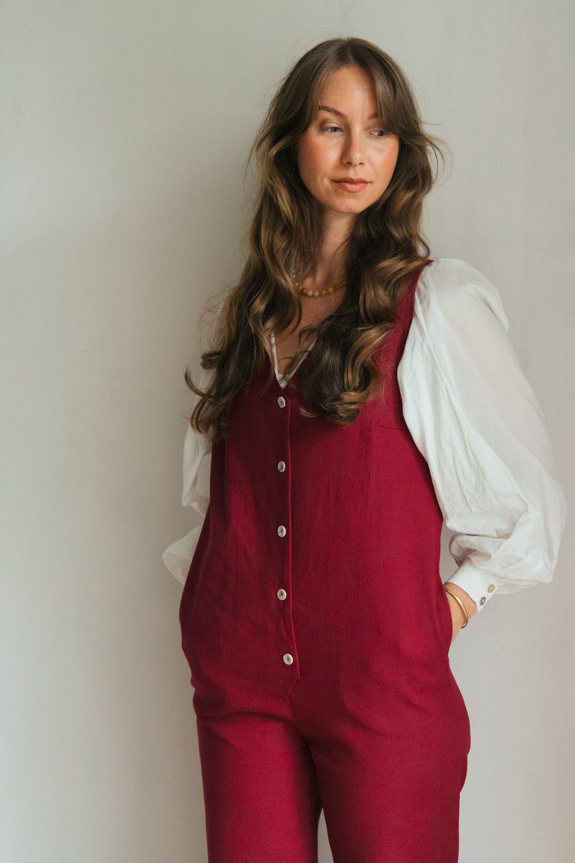 Linen Blend Jumpsuit - Burgundy