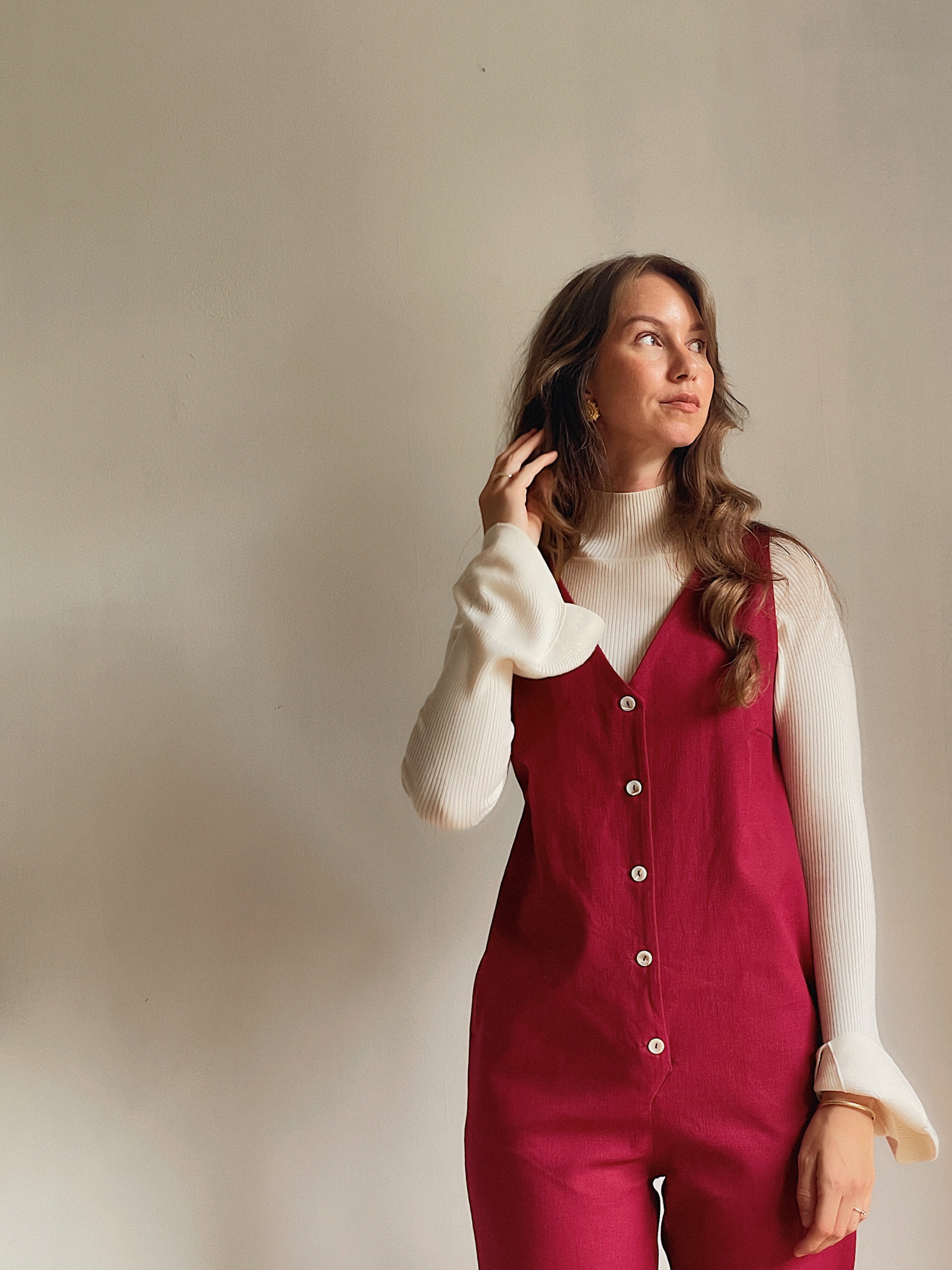 Linen Blend Jumpsuit - Burgundy