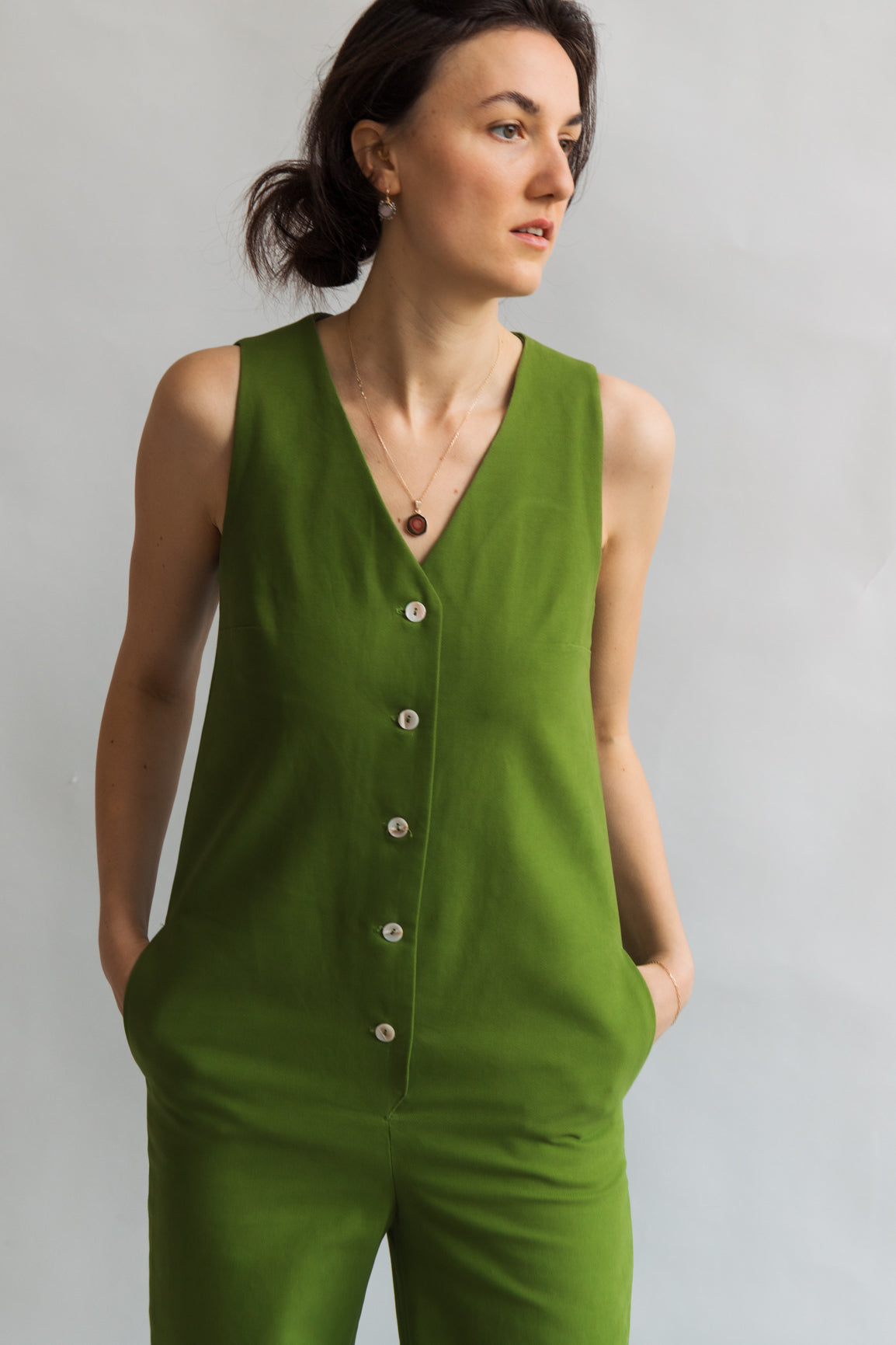 Green color Jumpsuit workwear cotton canvas with pockets 5 buttons v-neck tall girls short girls 
