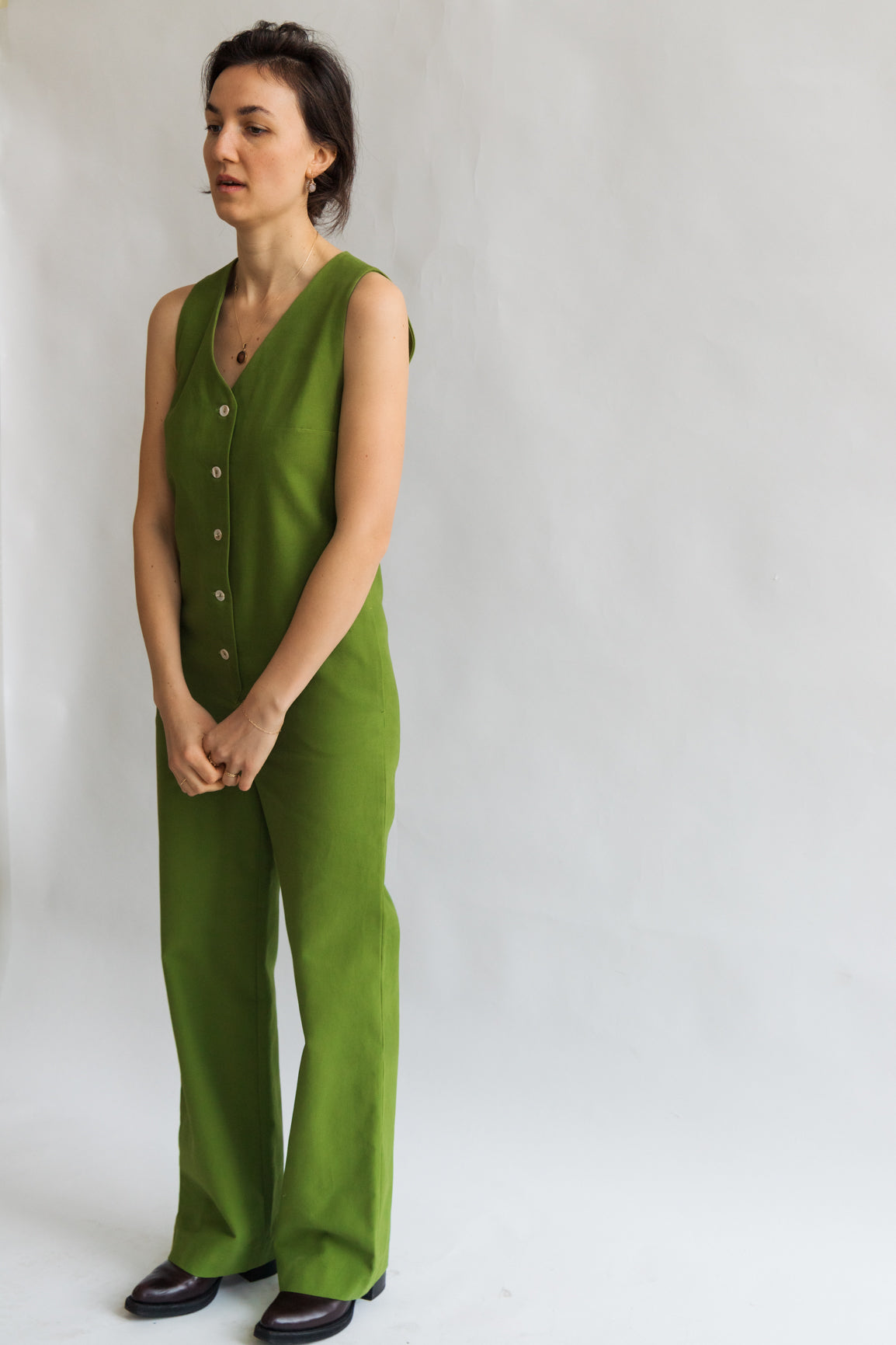 Green color Jumpsuit workwear cotton canvas with pockets 5 buttons v-neck tall girls short girls