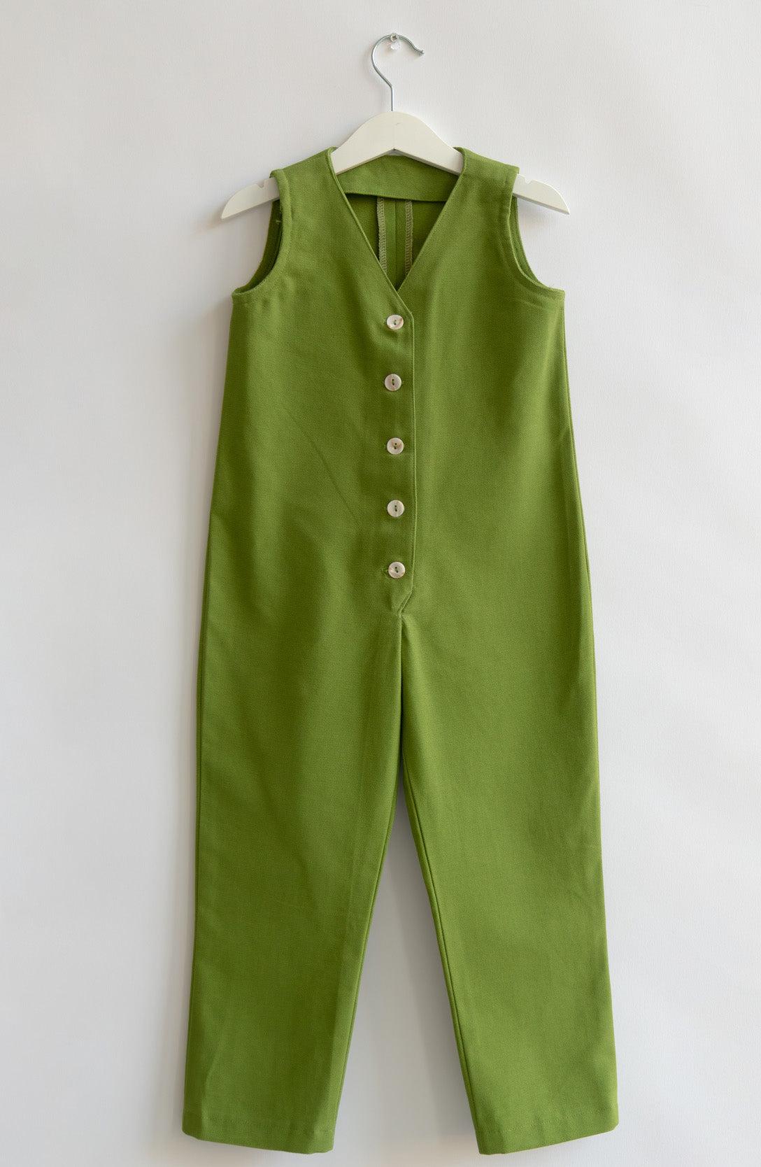 Green pear color Kids Mini Jumpsuit overall workwear cotton canvas with pockets 5 buttons v-neck OEKO-TEX sustainable clothes handmade