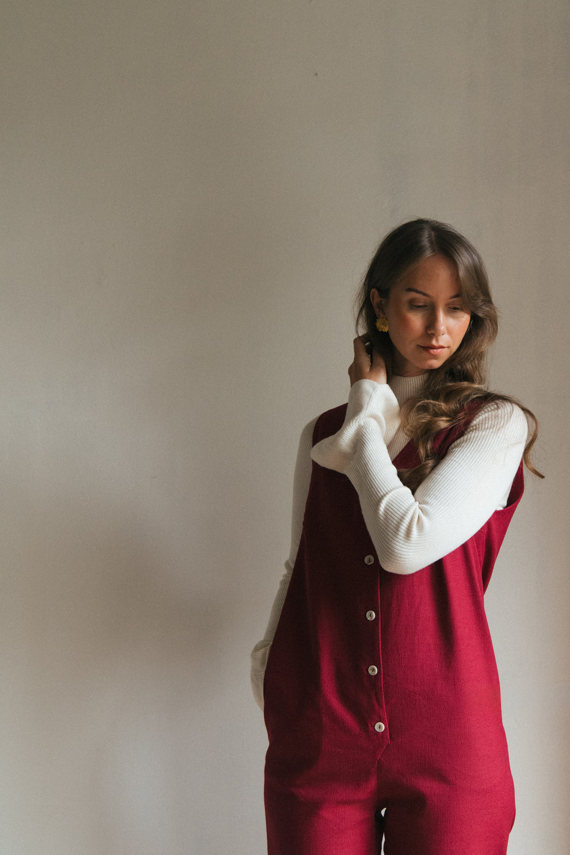 Linen Blend Jumpsuit - Burgundy