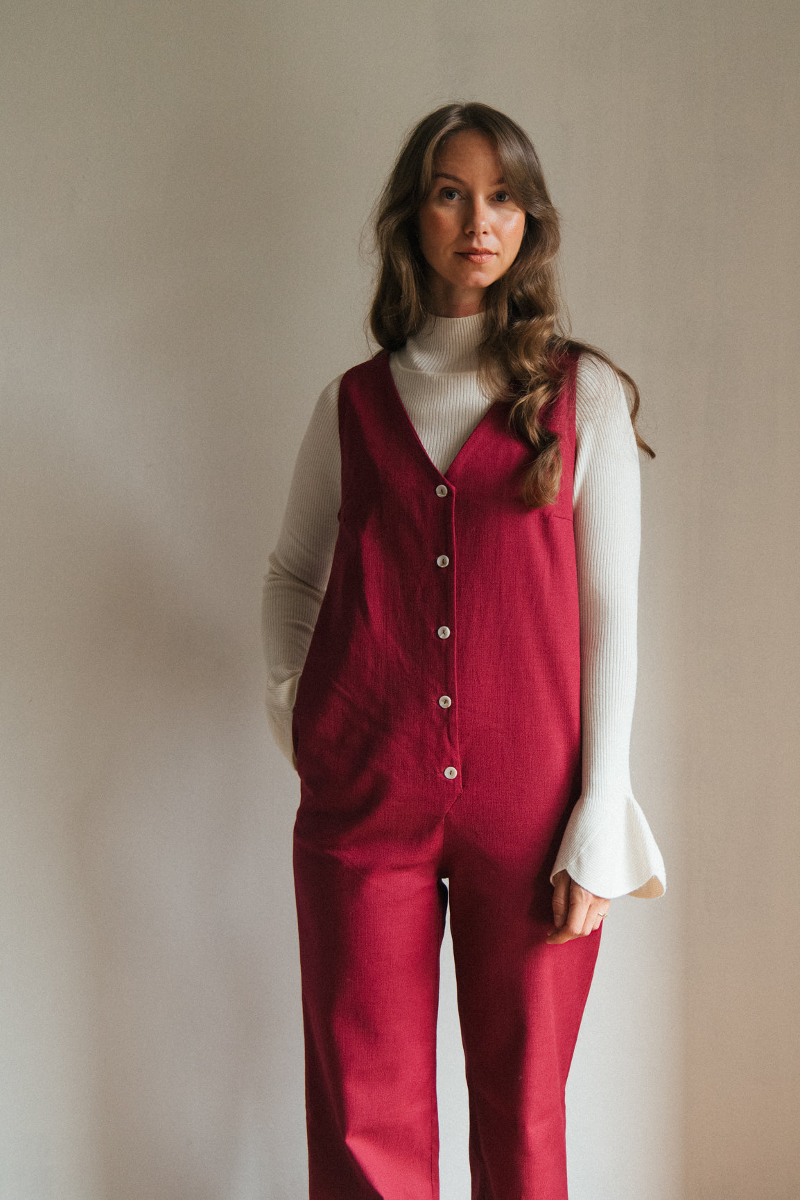 Linen Blend Jumpsuit - Burgundy
