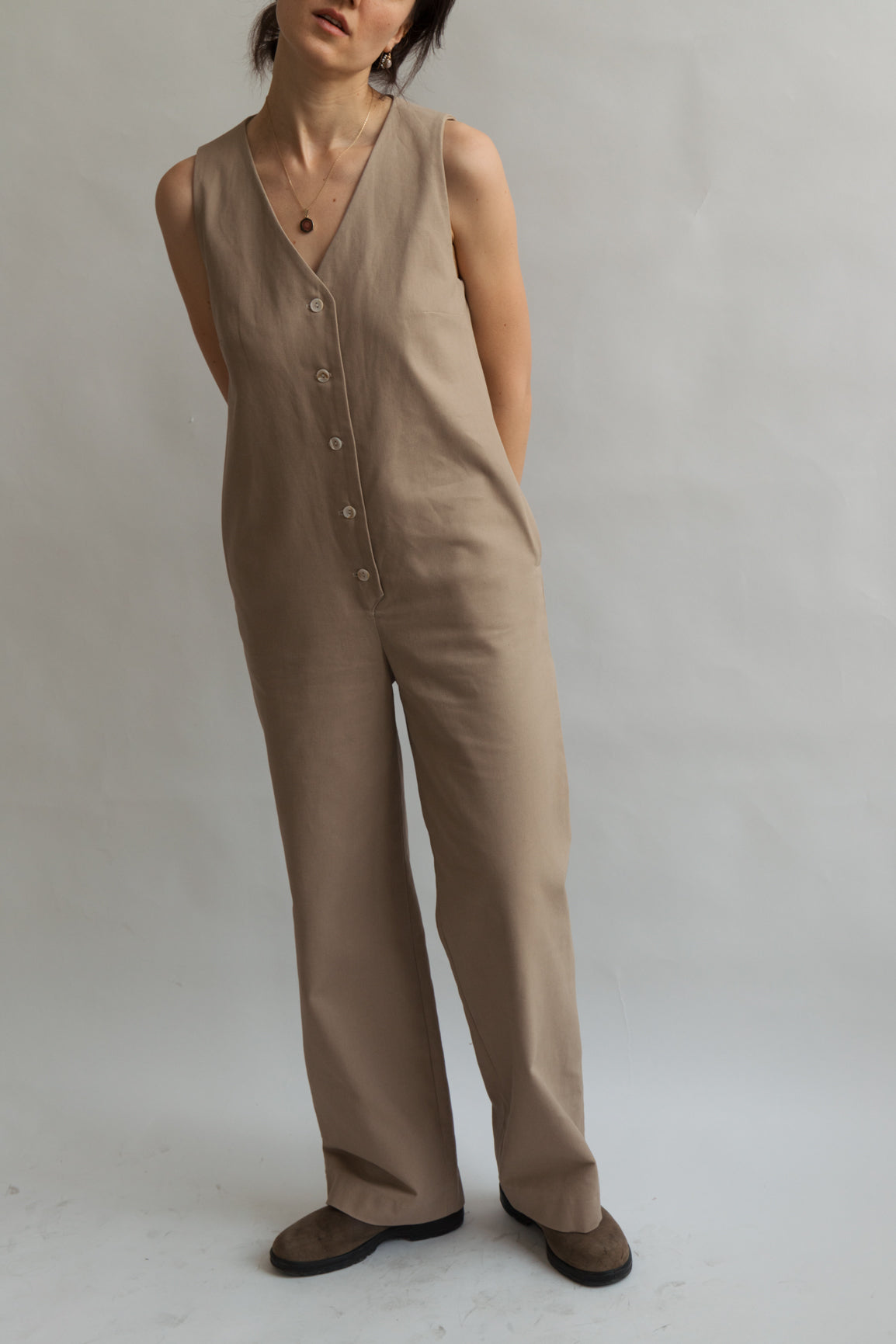 Beige color Jumpsuit workwear cotton canvas with pockets 5 buttons v-neck tall girls short girls oeko-tex 