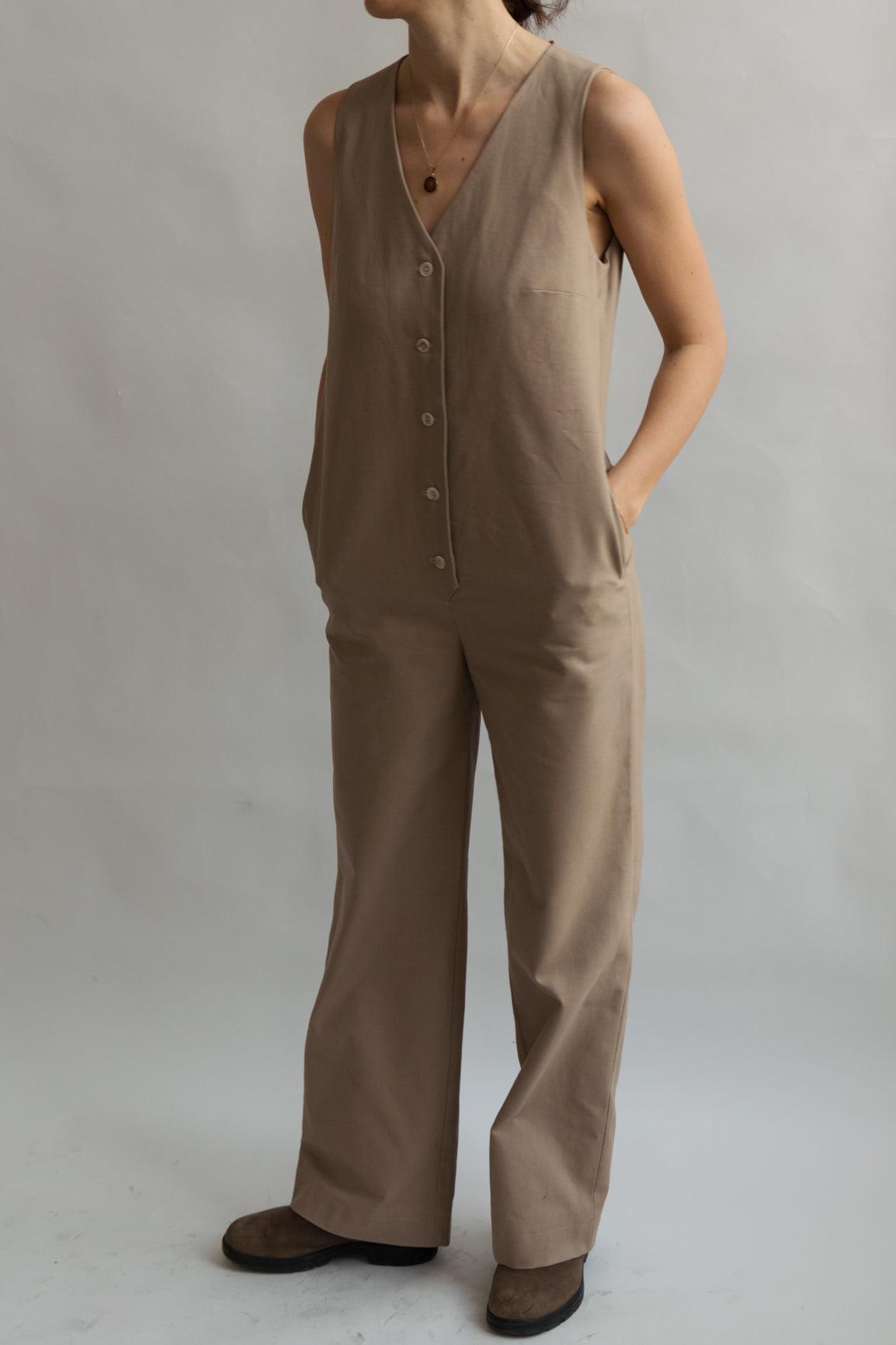 Beige color Jumpsuit overall workwear cotton canvas with pockets 5 buttons v-neck tall girls short girls oeko-tex 