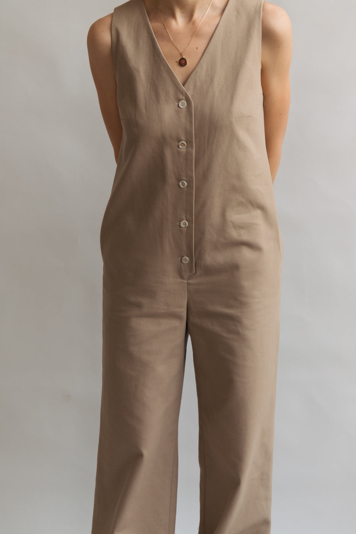 Beige color Jumpsuit workwear cotton canvas with pockets 5 buttons v-neck tall girls short girls oeko-tex 