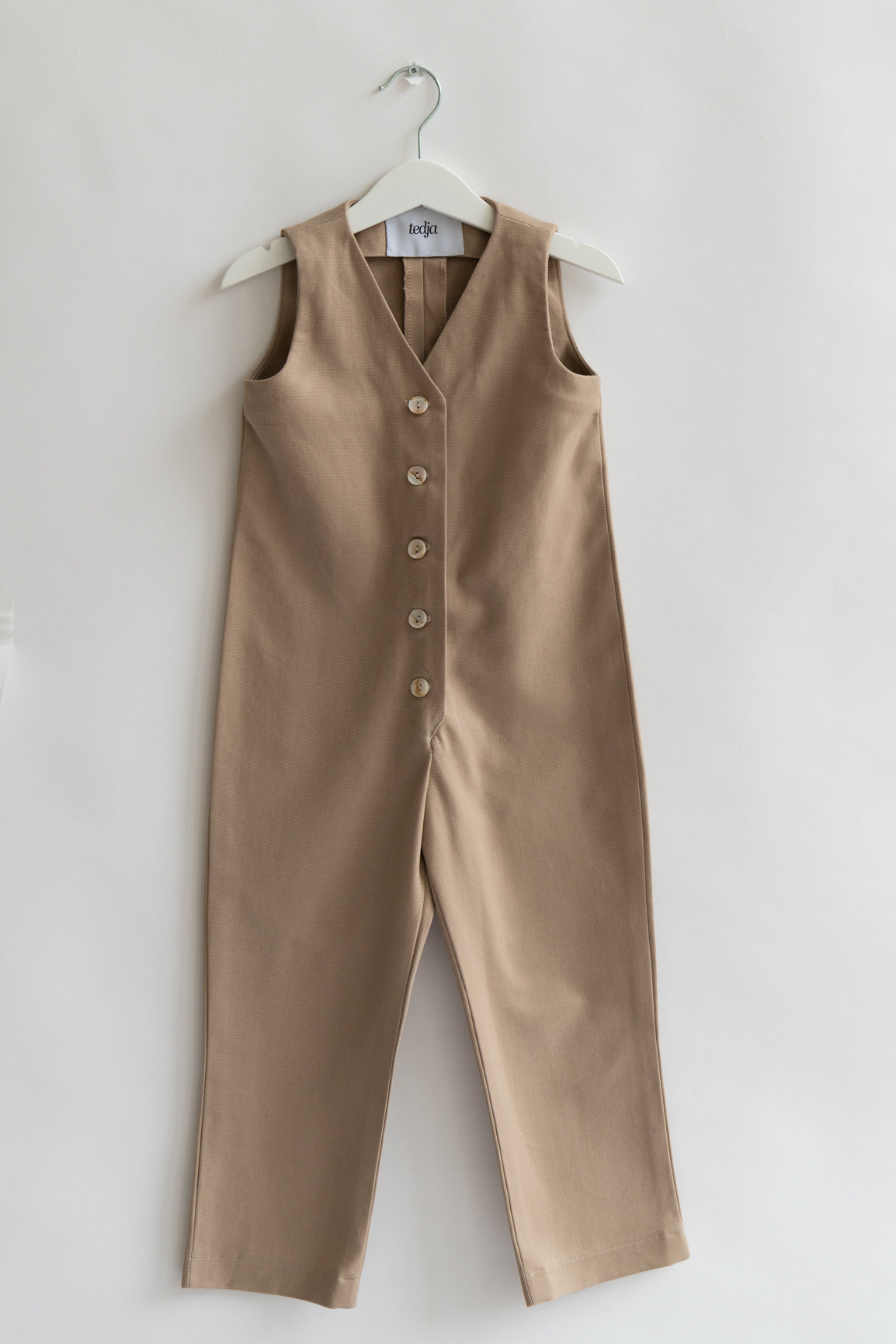 Beige Oatmeal color Kids Mini Jumpsuit overall workwear cotton canvas with pockets 5 buttons v-neck OEKO-TEX sustainable clothes handmade