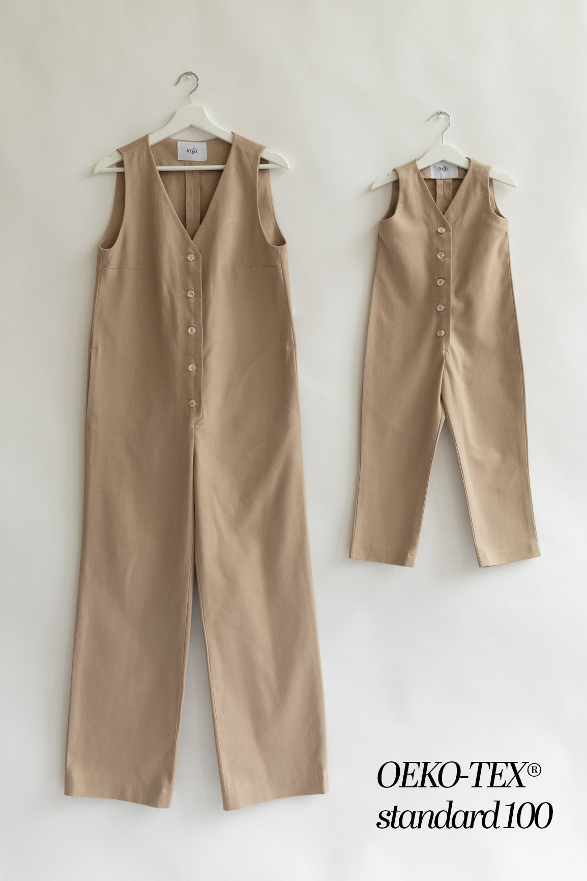 Beige color Jumpsuit overall workwear cotton canvas with pockets 5 buttons v-neck tall girls short girls oeko-tex 
