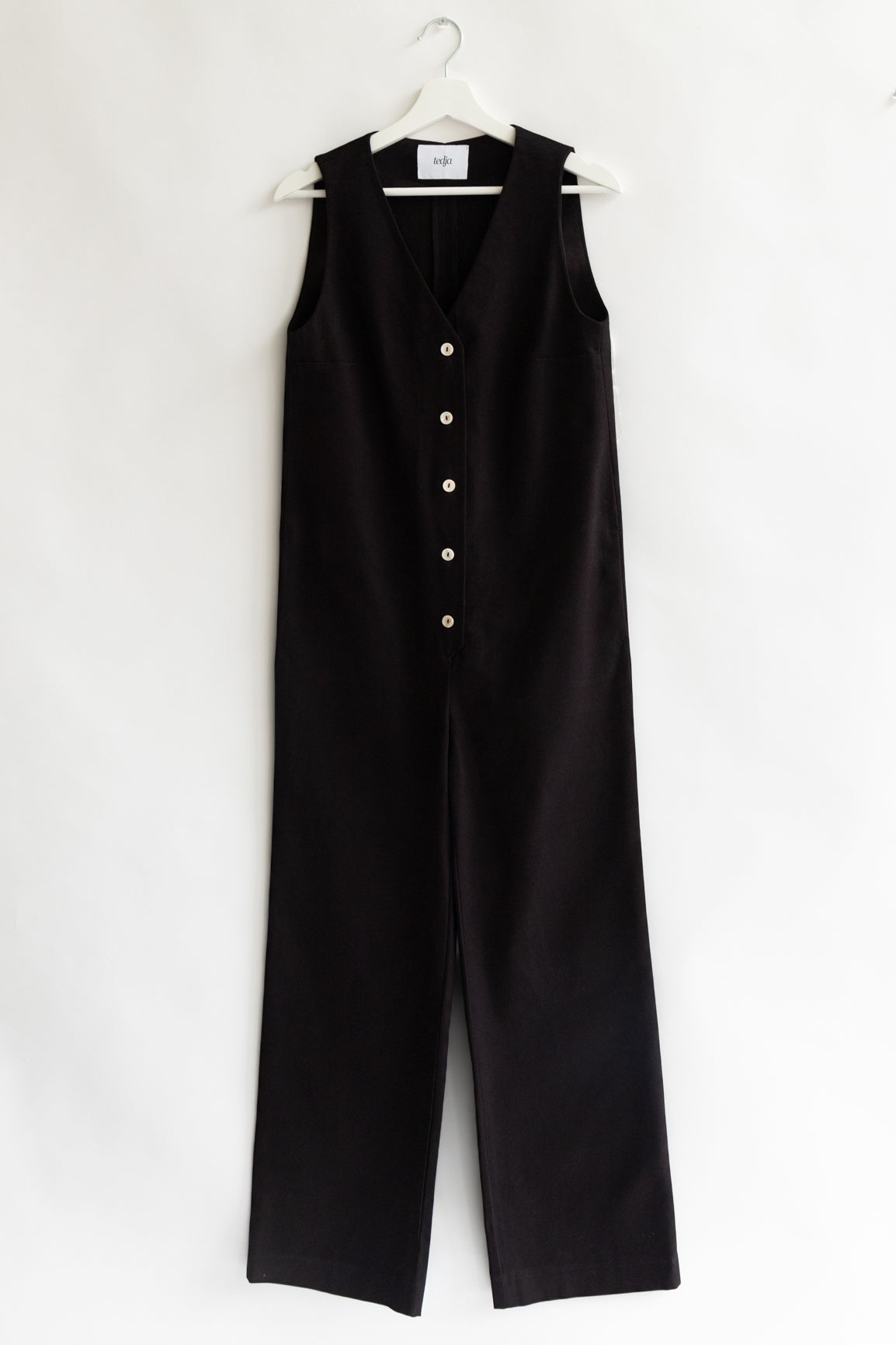Black color Jumpsuit overall workwear cotton canvas with pockets 5 buttons v-neck tall girls short girls oeko-tex sustainable clothes handmade