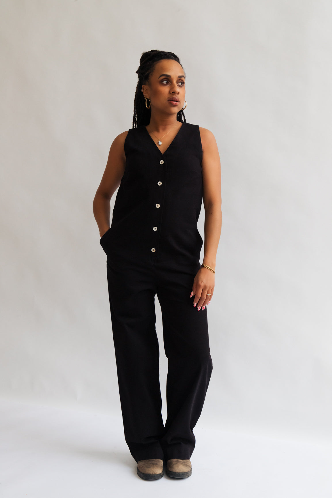 Black color Jumpsuit overall workwear cotton canvas with pockets 5 buttons v-neck tall girls short girls oeko-tex sustainable clothes handmade