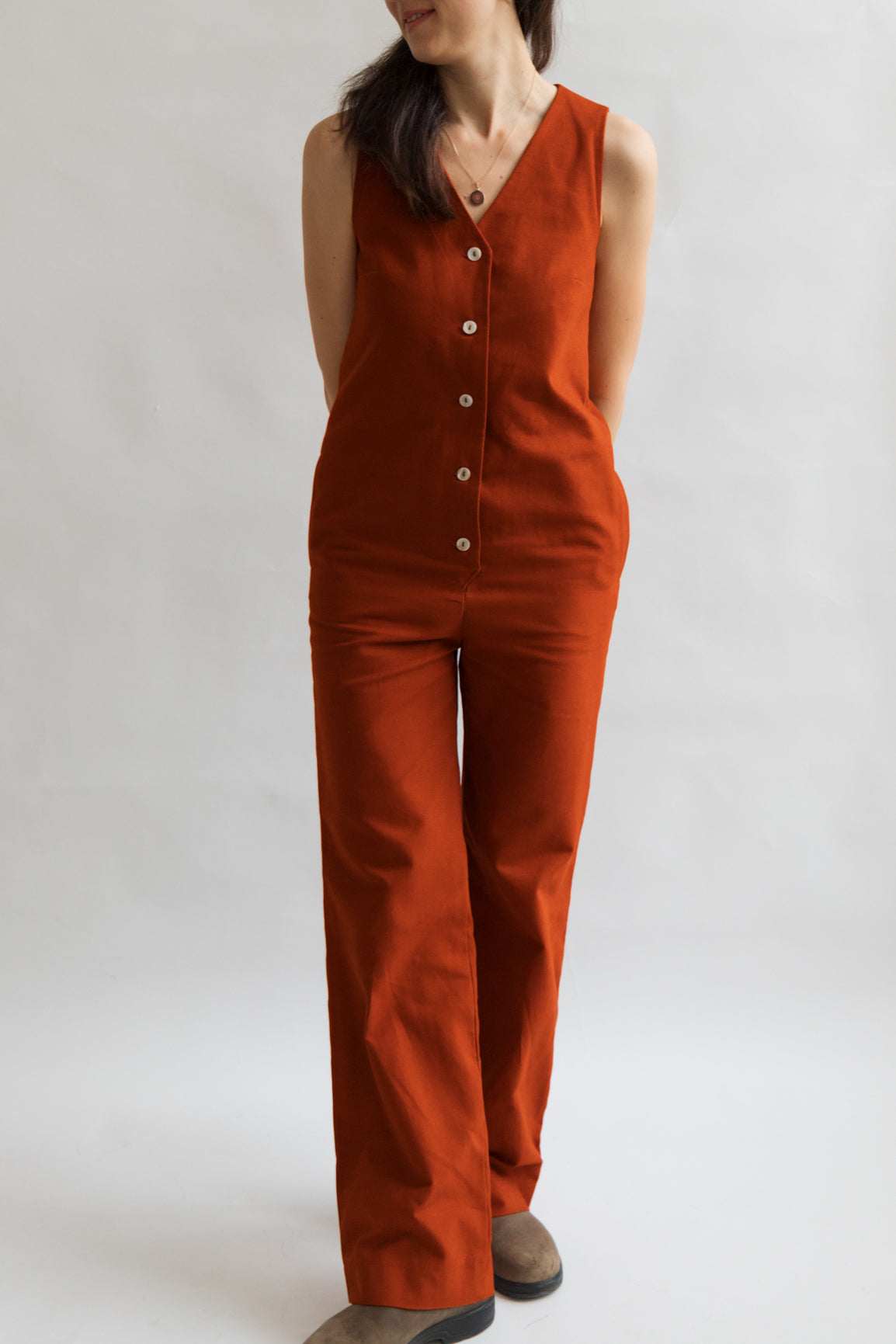 Burnt Orange rust sienna terracotta ginger color Jumpsuit overall workwear cotton canvas with pockets 5 buttons v-neck tall girls short girls oeko-tex sustainable clothes handmade