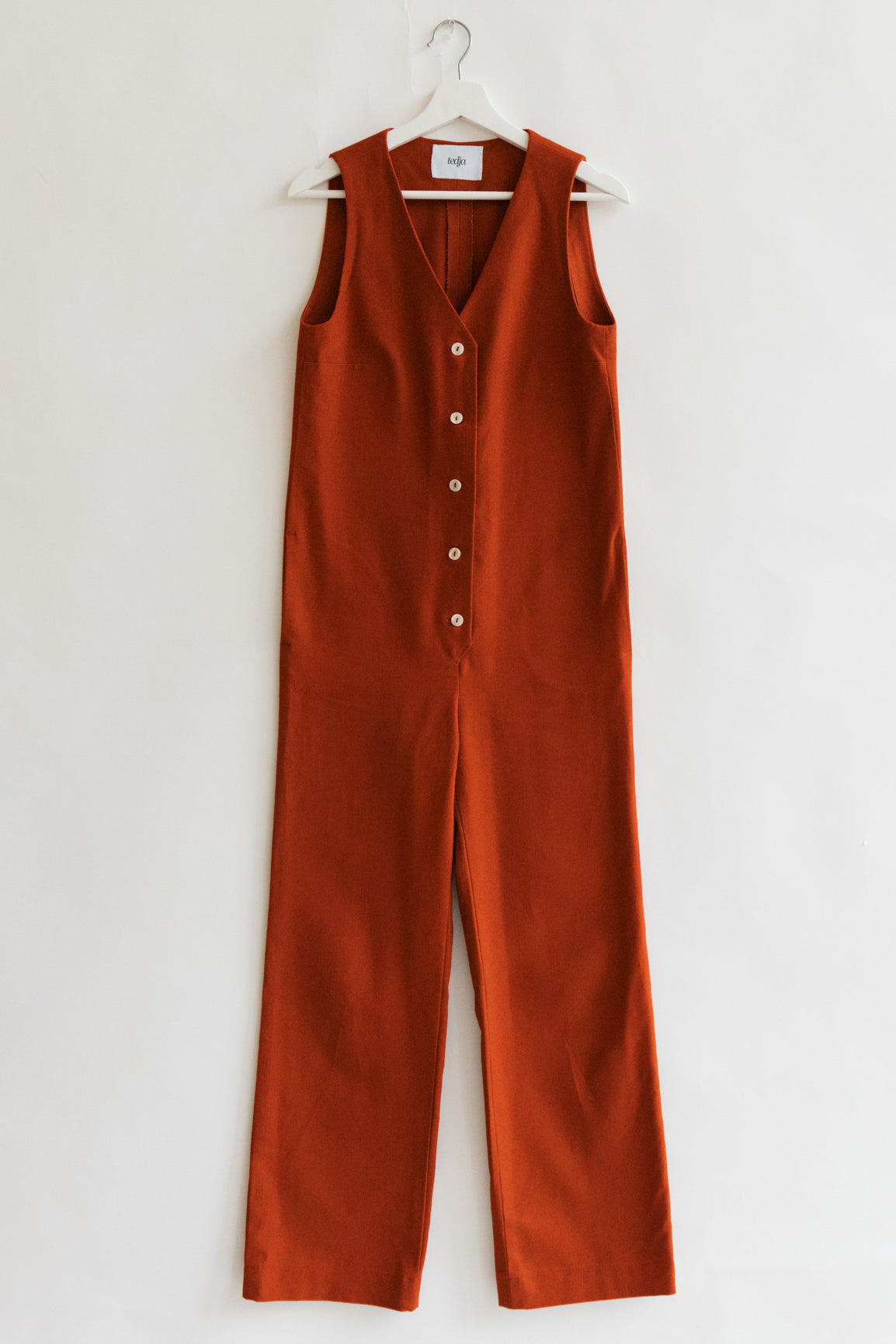 Burnt Orange rust sienna terracotta ginger color Jumpsuit overall workwear cotton canvas with pockets 5 buttons v-neck tall girls short girls oeko-tex sustainable clothes handmade